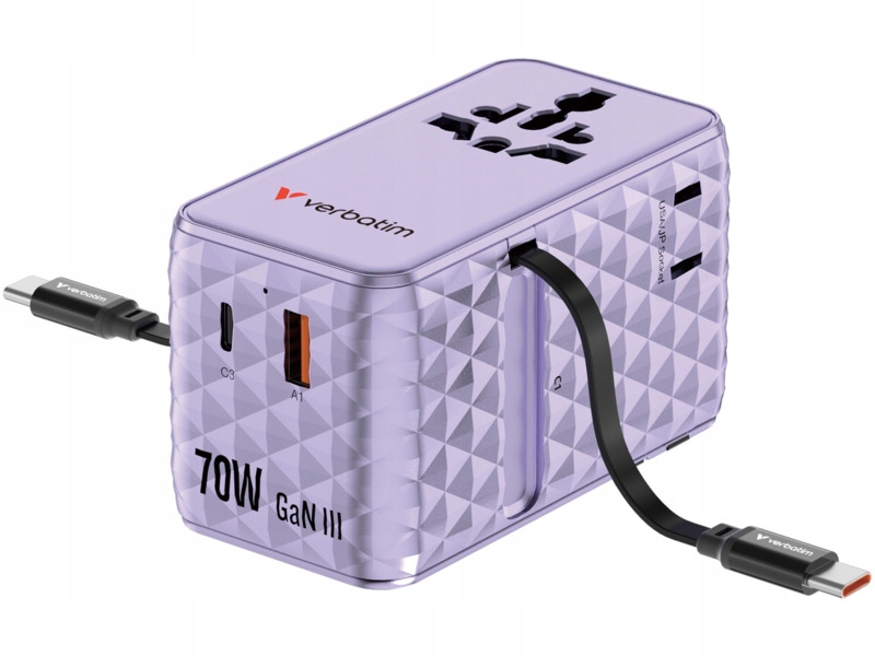 Adapter podróżny Verbatim CNT-70/2C Usb-a 3 x Usb-c Fioletowy