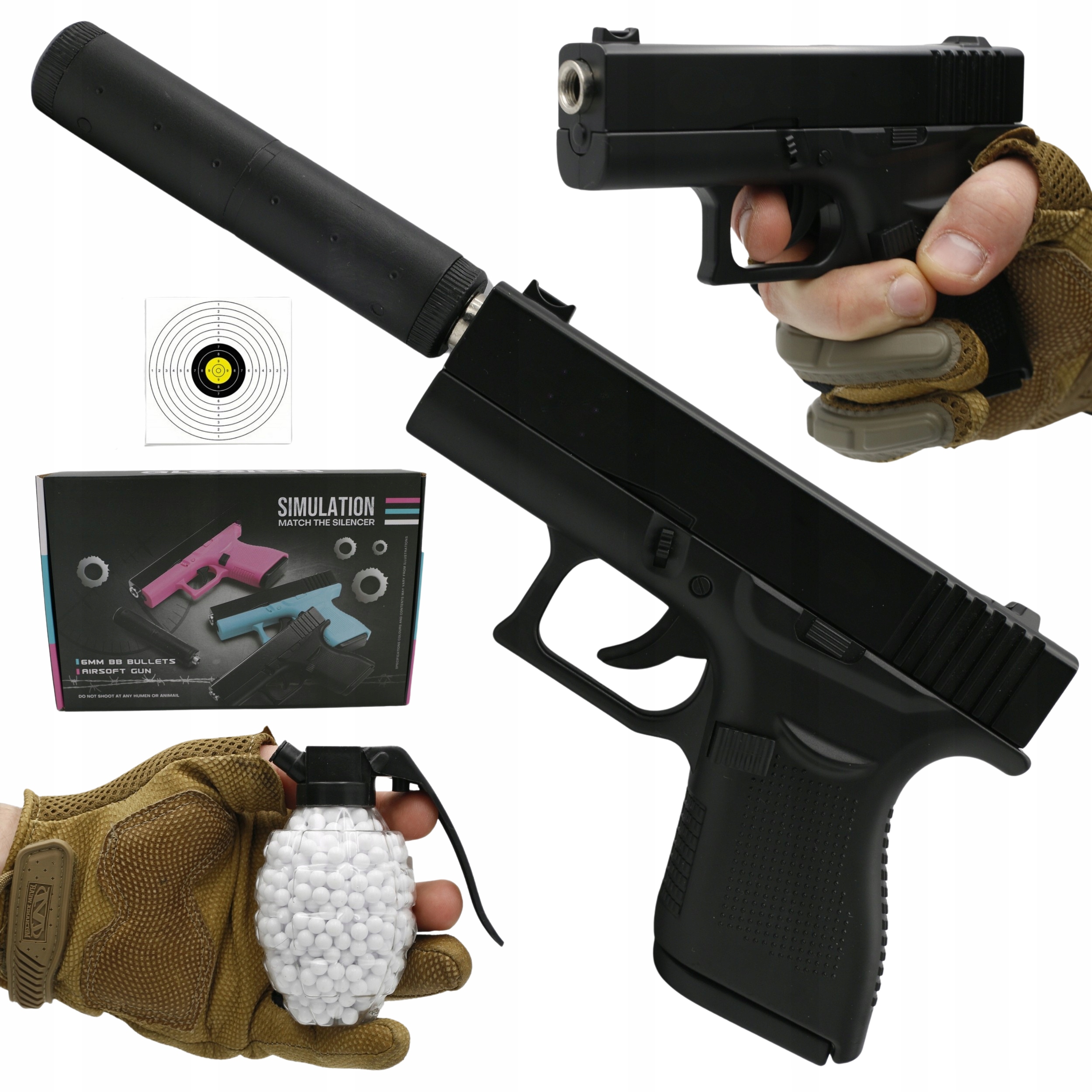 PISTOLET NA KULKI PLASTIKOWE Z TŁUMIKIEM METAL ASG 6mm GRATIS KULKI