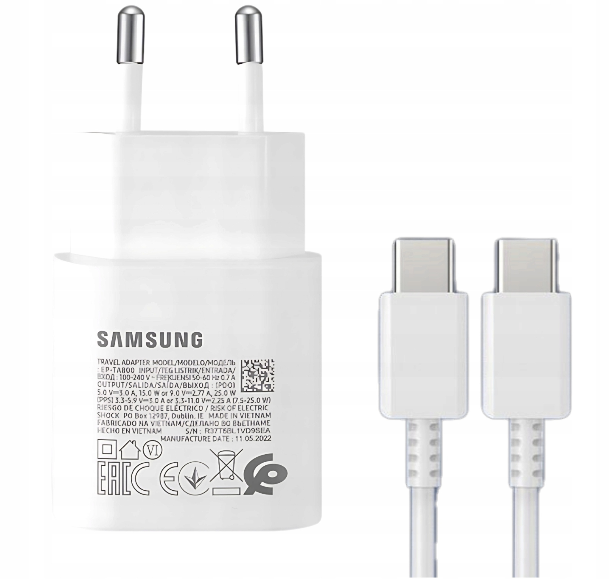 Ładowarka sieciowa Samsung USB typ C EP-TA800 i kabel 1,8 m USB-C biała