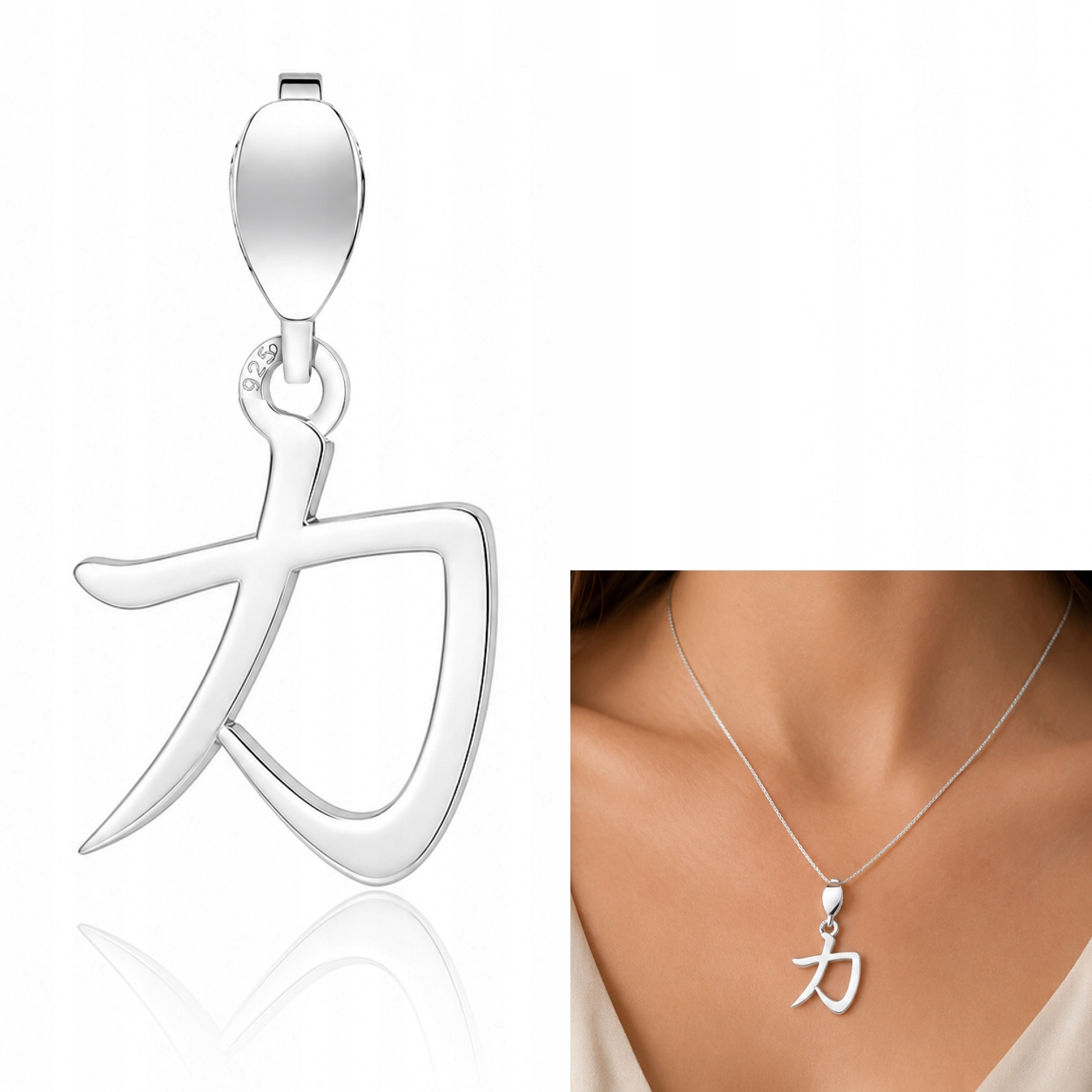 Kanji japoński znak siły siła Srebrna 925 zawieszka charms do naszyjnika