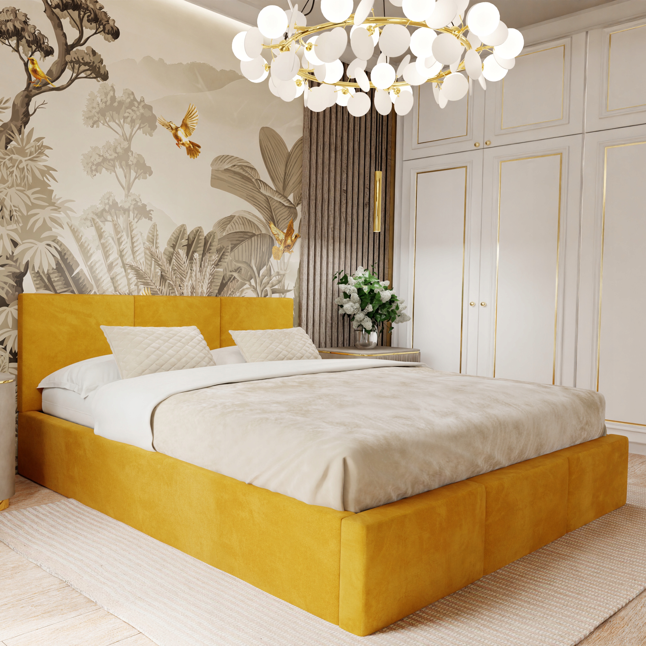 Čalouněná Postel Do Ložnice 140x200 Manželská Postel S Úložným Prostorem Žlutá