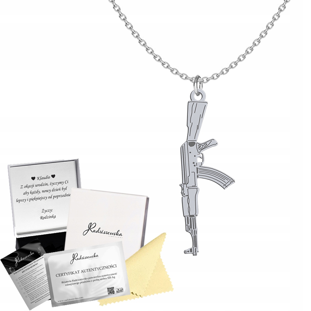 Stříbrný náhrdelník Kalašnikov Ak 47 Řetízek 925 Narozeninový Darček Bonus