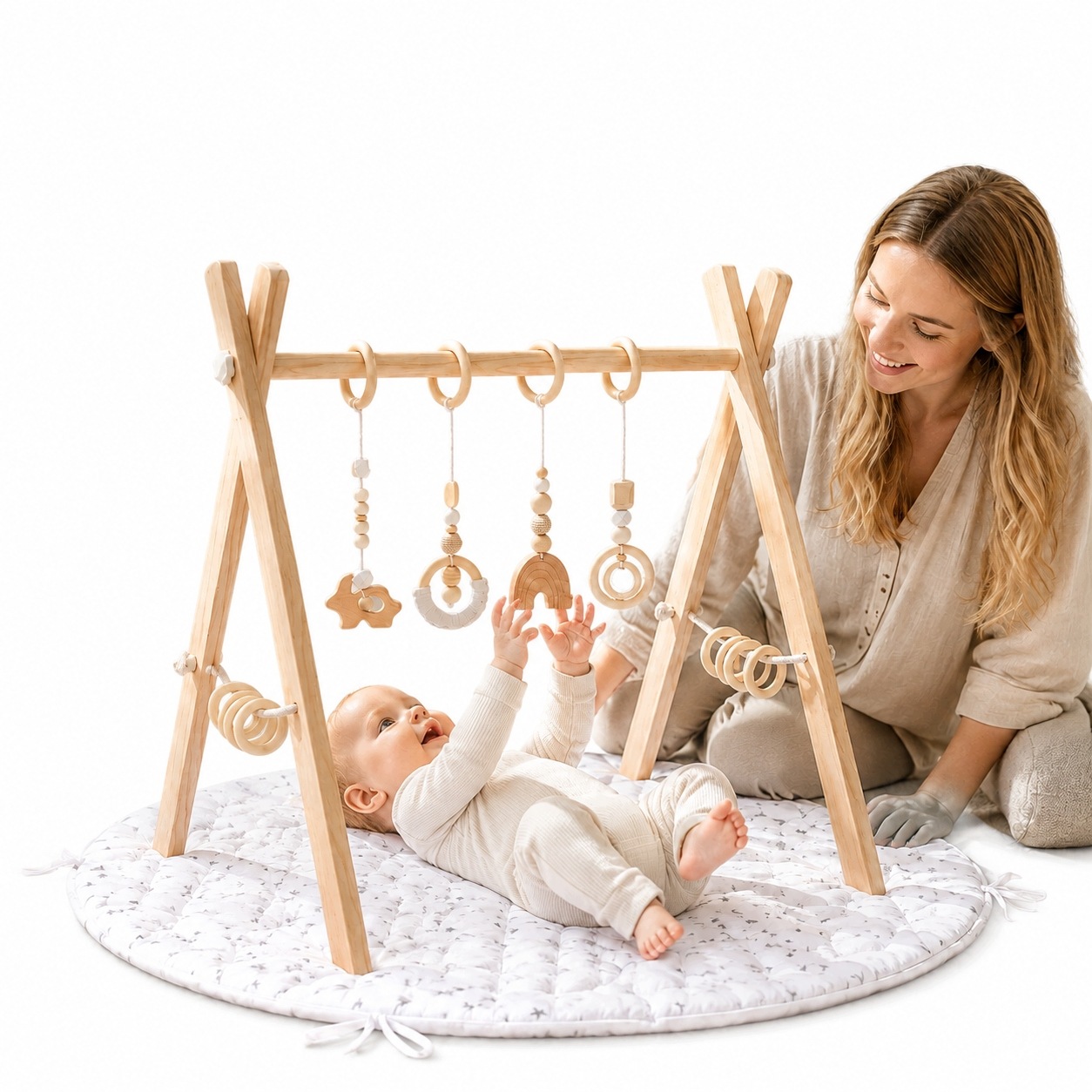 Stojak gimnastyczny niemowlęcy z matą 4 zawieszki 8 kółek montessori