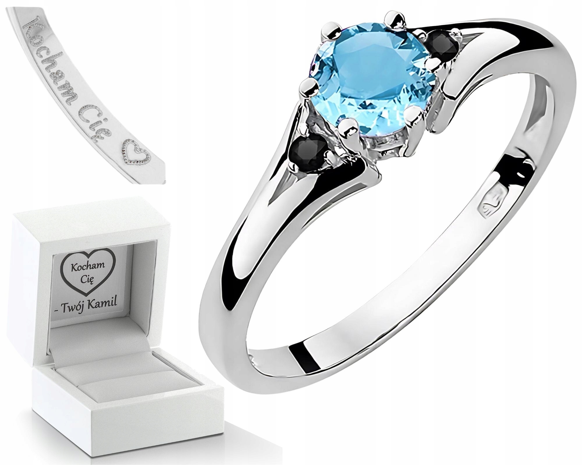 Bílý Zlatý Prstýnek S Topazem A Černými Brilianty Pro Zásnuby 585