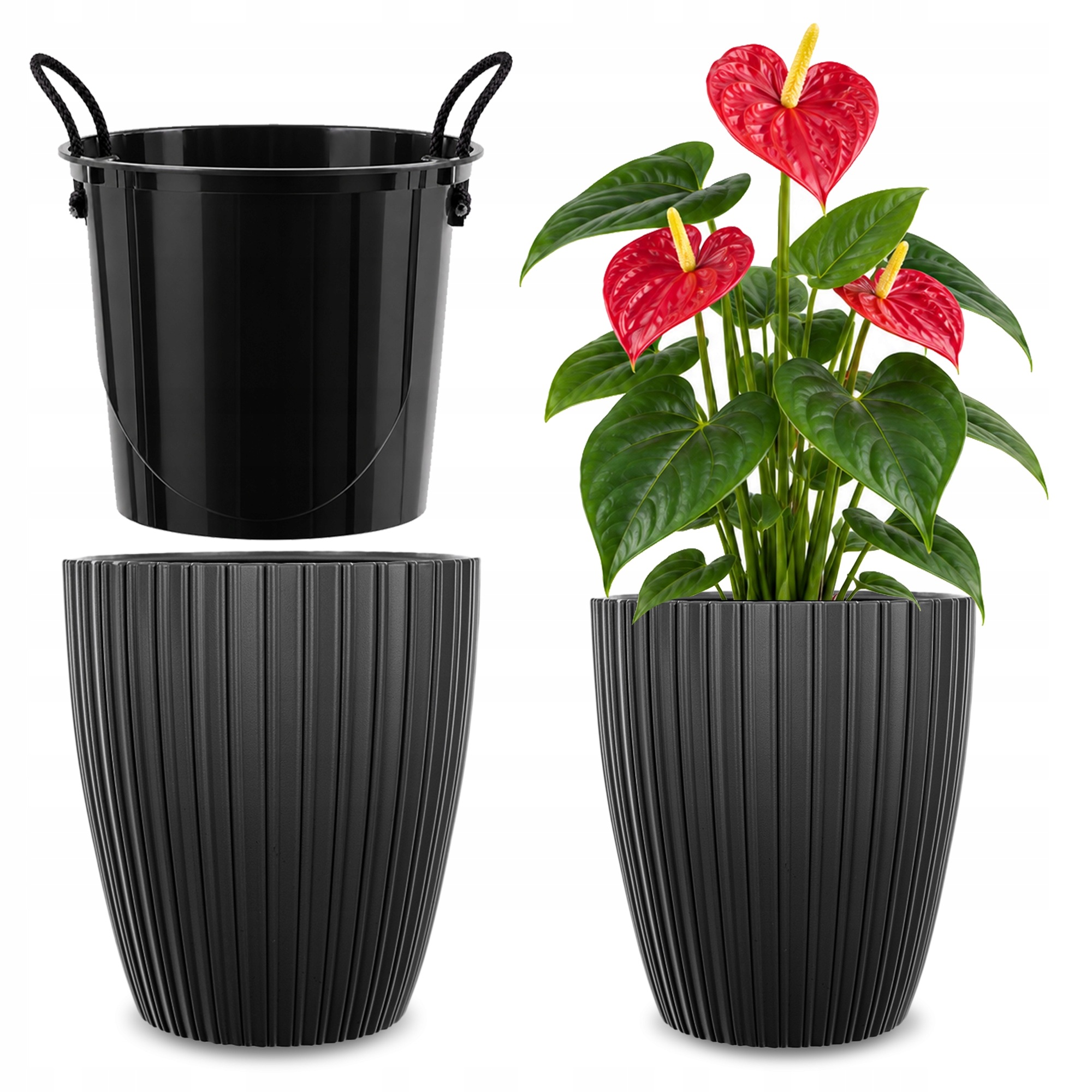 Květináč Květináč 30cm Obal Na Květináč S Vkladem Plastový Záhon Černý