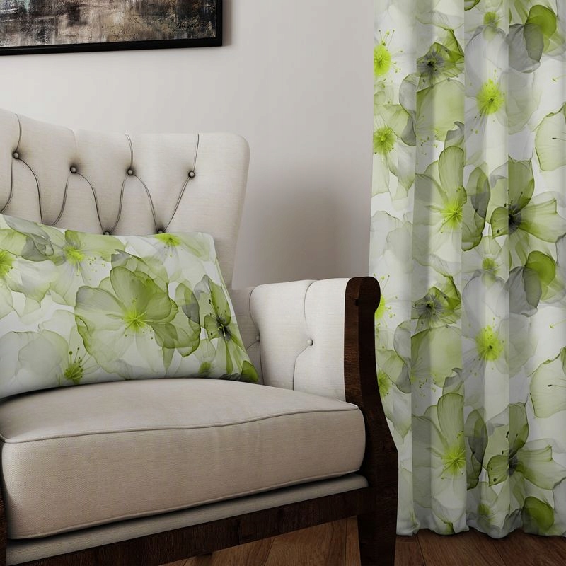 na míru Závěsy hotové oka a páskou Zelené květiny