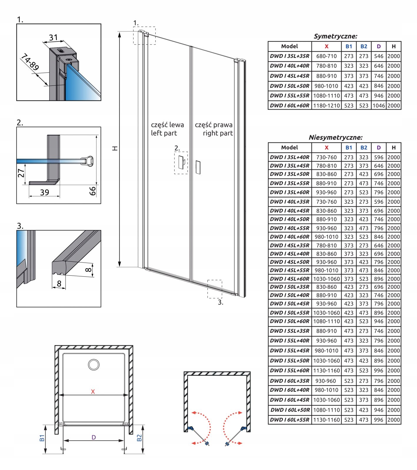 Drzwi prysznicowe czarne wnękowe 100 szkło grafit Typ drzwi podwójne
