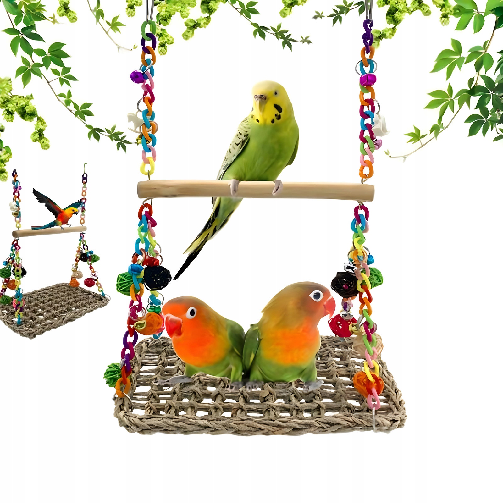 Levně Hračky pro papoušky houpačka se zvonky, dřevěná sada, lezecí síť a dřevo