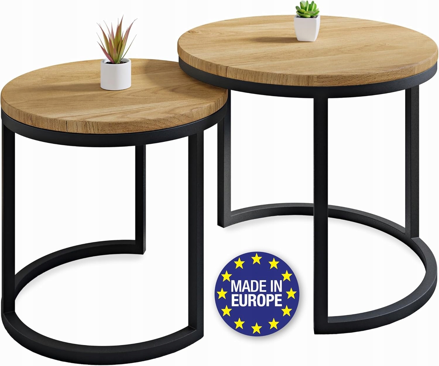 Konferenčný Stolík Okrúhly set 2 kusov masívny dub oceľ čierny Ø50x43 Ø40x38 cm
