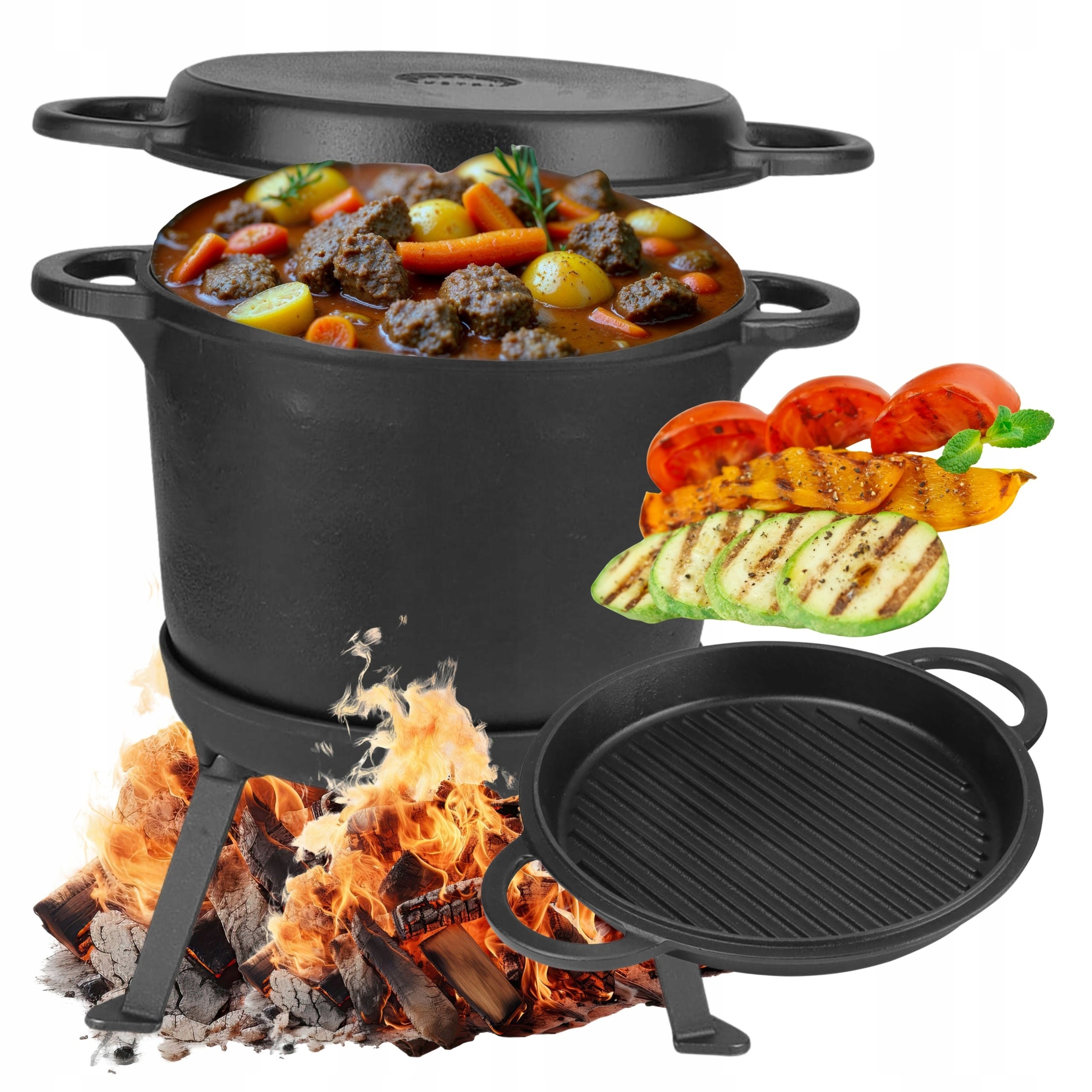 Litinový Kotel lovecký Velký stojící Hrnec na oheň gril 12 l