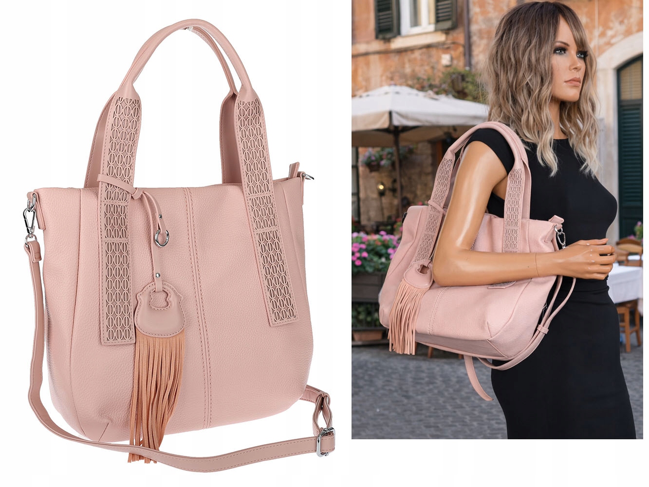 Dámská shopper kabelka s prostornou boho taškou na rameno a střapci MC669 Růžová