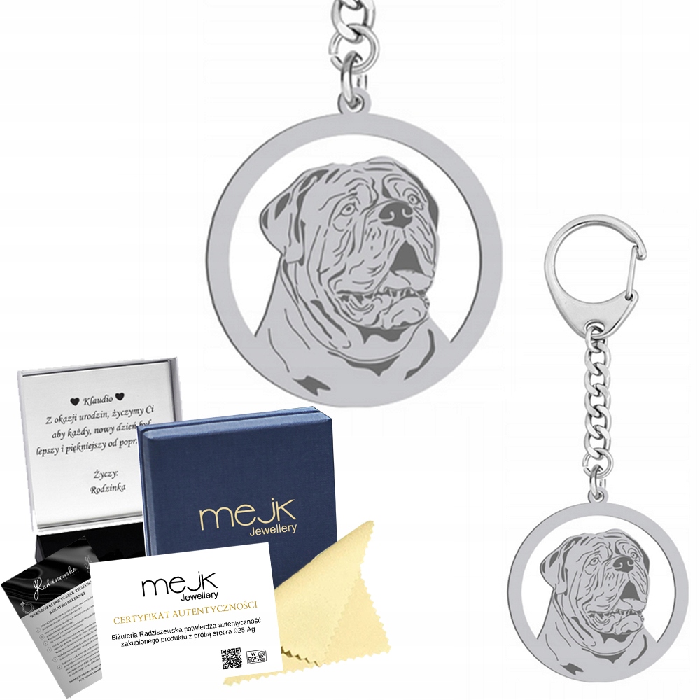 Dog de Bordeaux Stříbrný Přívěsek Na Klíče na klíče925 Dárek Dedikace Gravírování Bonus