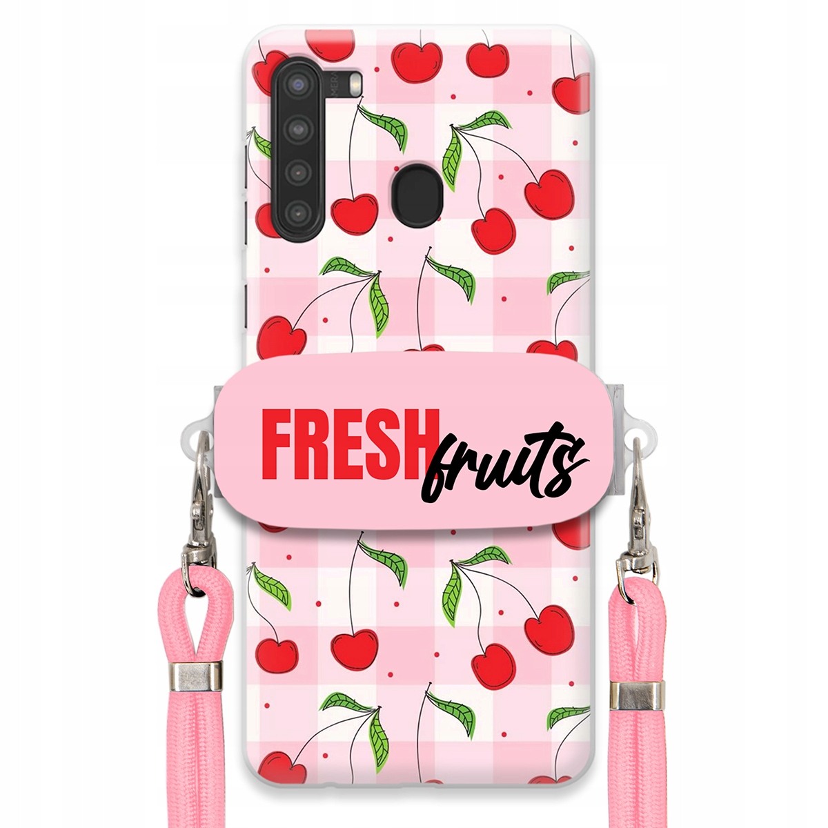 Pouzdro pro Samsung A21 Case Držák Šňůrka Růžová Fresh Fruits Mřížka Ovoce