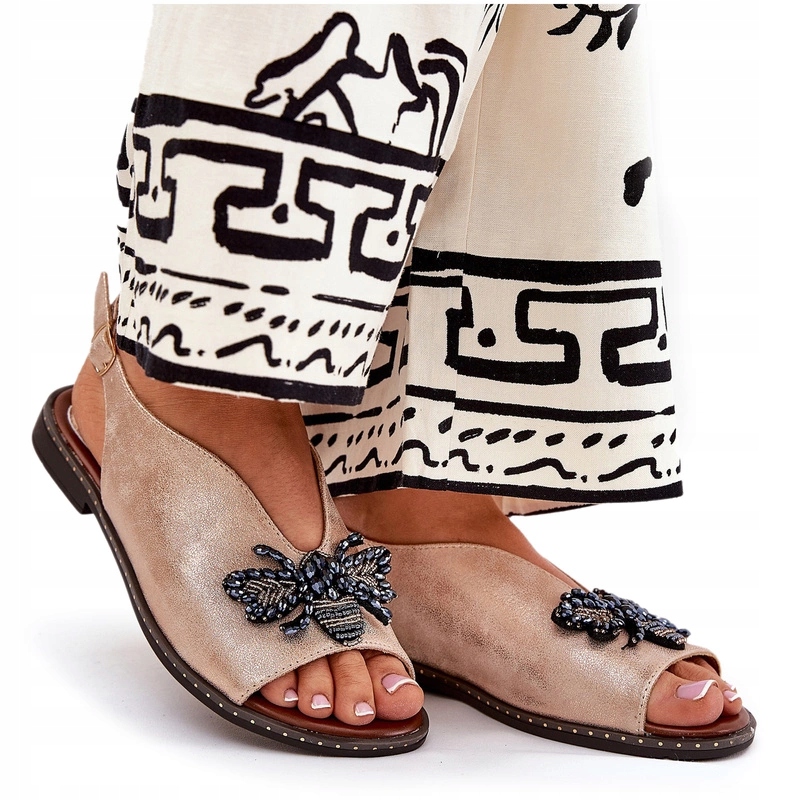 Dámské Lesklé Ploché Sandály S Ozdobou Z Eko Kůže, Růžové Zlato 39