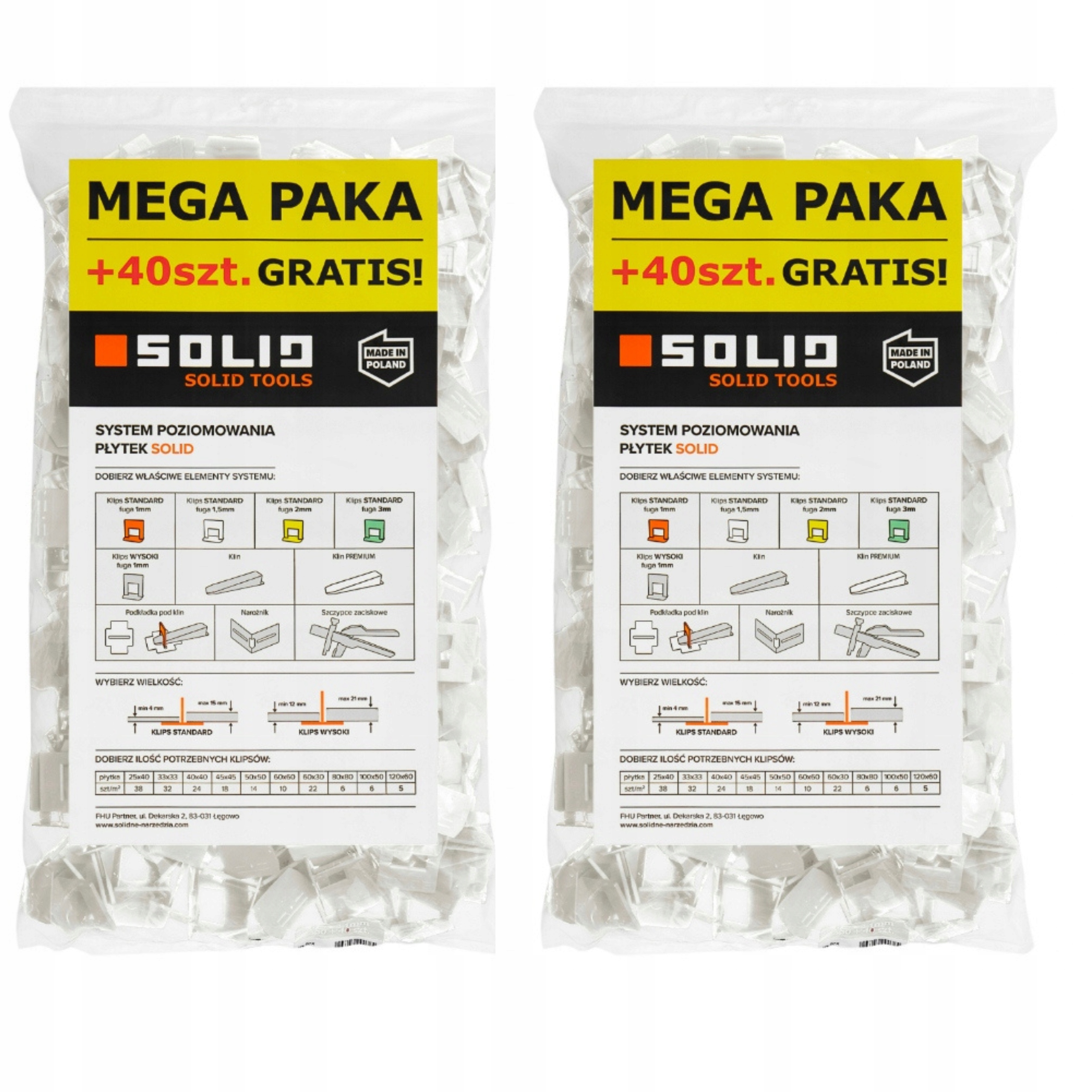 2x Worek System Poziomowania Płytek Solid Klipsy 1,5mm 880 Szt