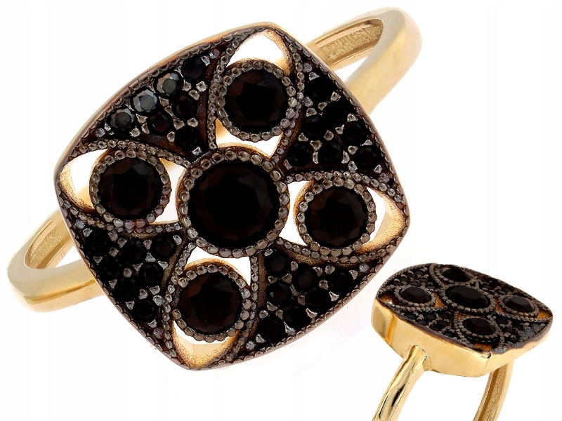 Zlatý prstýnek 585 14kt čtvercový vzor s černými zirkony 2.58g r20