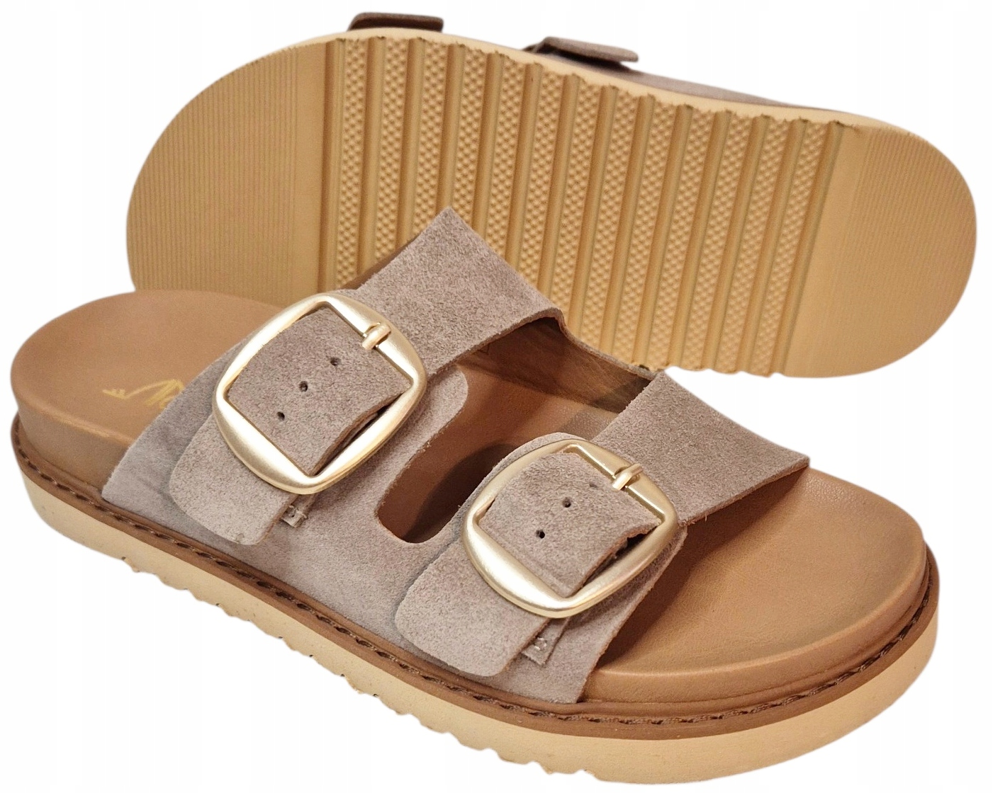 Modo 767 Béžové Nazouváky s nastavitelnými pásky, semišová kůže, velikost vel