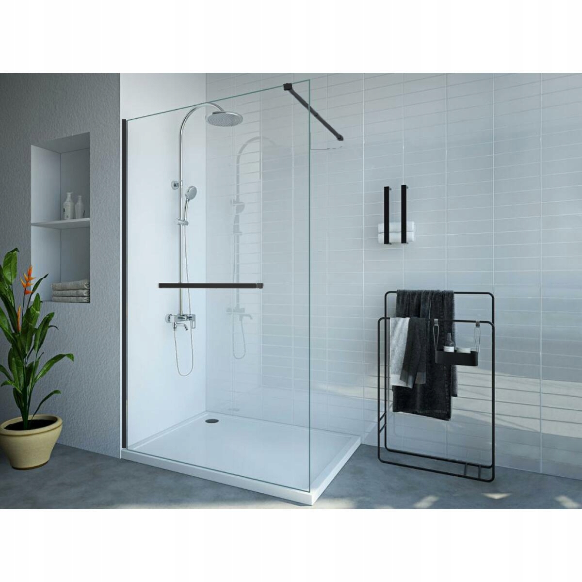 SZYBA PRYSZNICOWA CZARNA 90 CM ŚCIANKA Z WIESZAKIEM POD PRYSZNIC BLACK SOLA Linia Sola