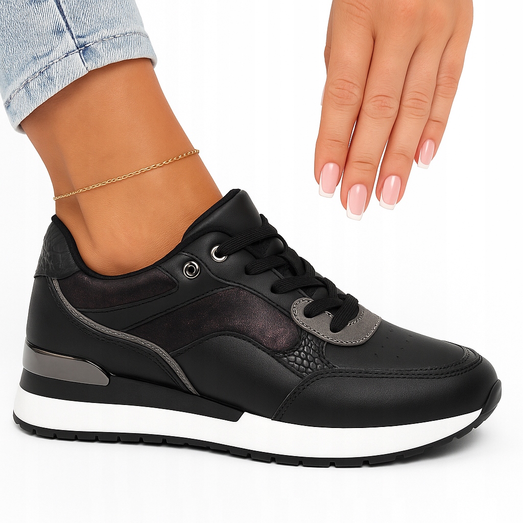 Buty Sportowe Damskie Adidasy Czarne Wiązane Sneakersy 41