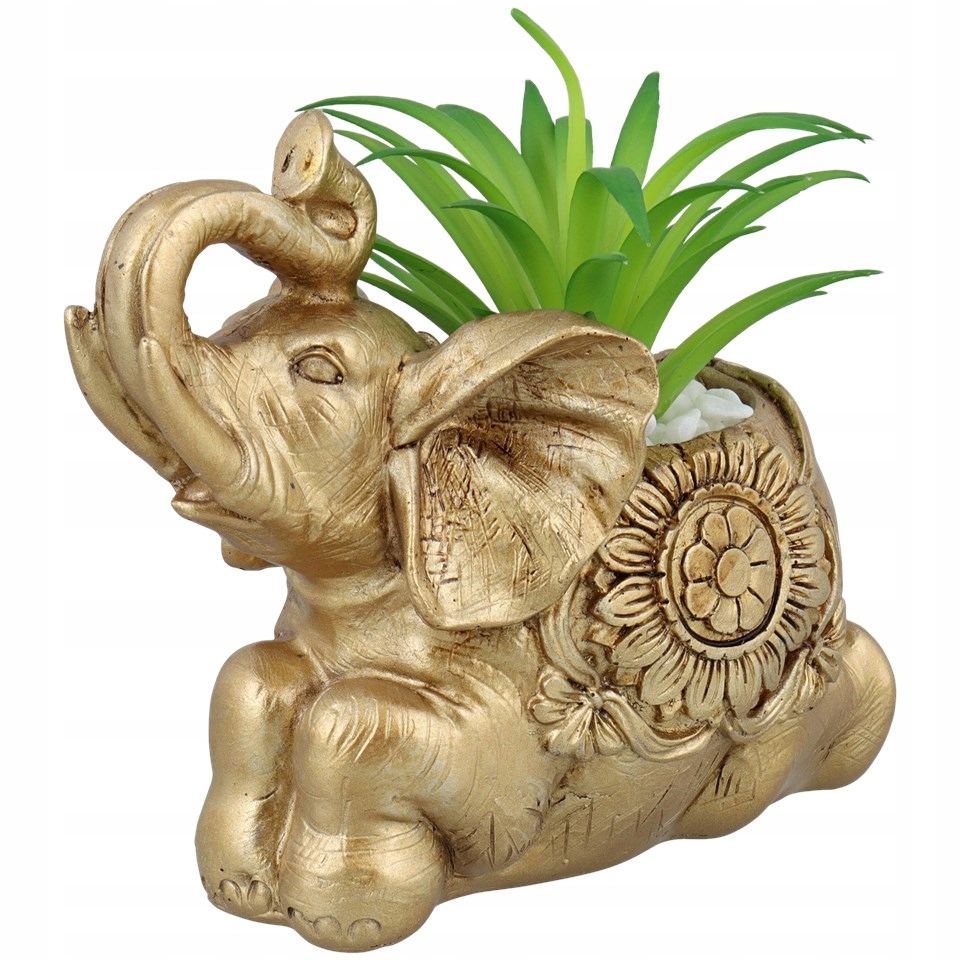 Figurka SŁONIA z sukulentem ZŁOTA 10 cm