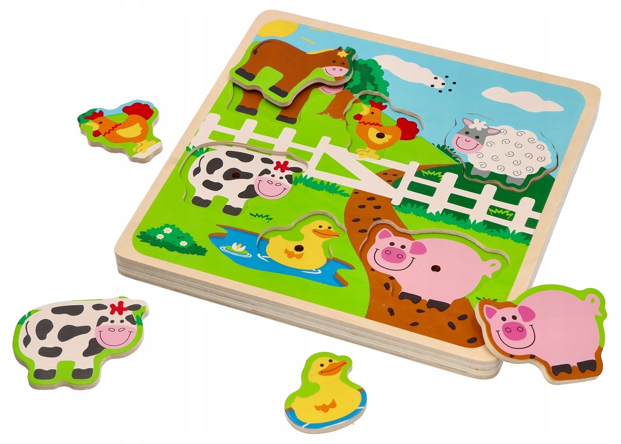 UKŁADANKA DŹWIĘKOWA DREWNIANA FARMA MUZYCZNA DLA ROCZNEGO DZIECKA Marka Lelin