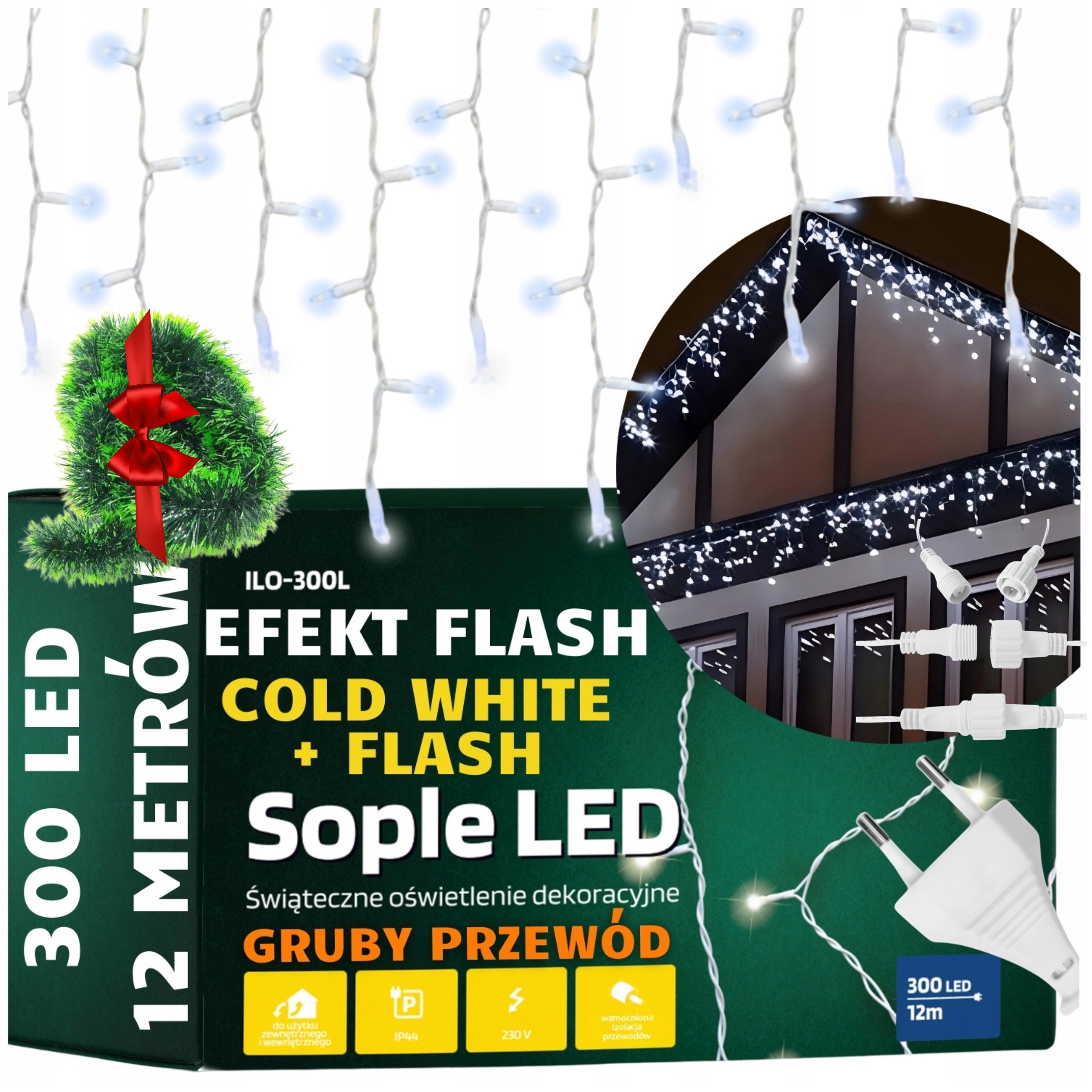 Venkovní Rampouchy IP44 Led Lampy 300LED 12 M Flash Bílé Studené Silný Kabel
