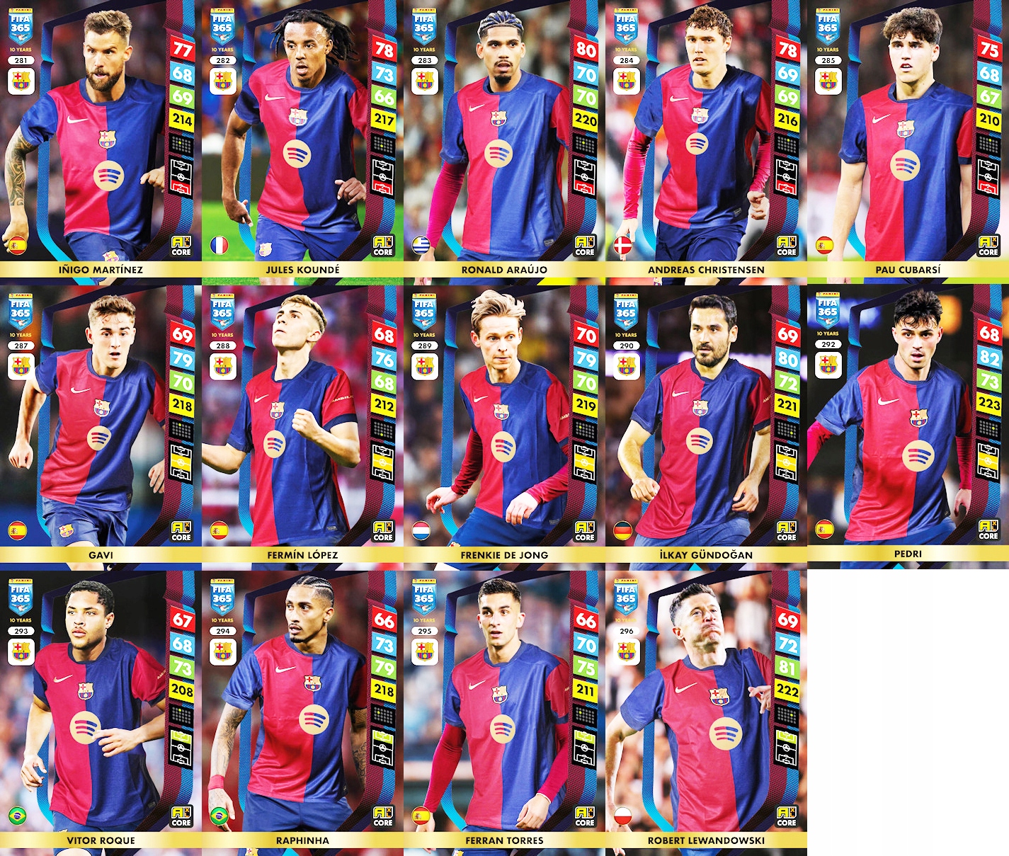 Fc Barcelona Fifa 365 2025 XL Panini 14 základních karet Komplet Lewandowski