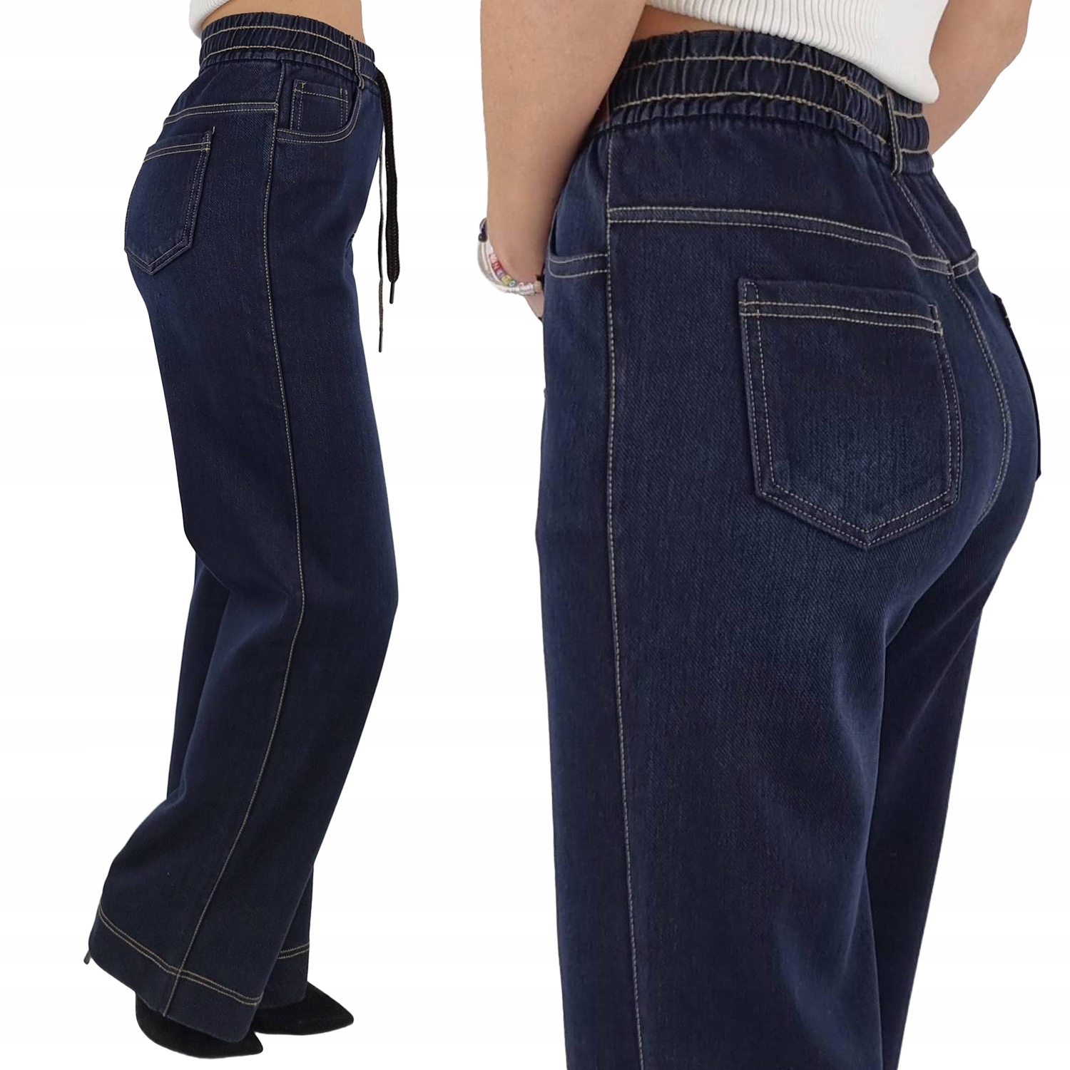 Nevelyn Wide Leg Spodnie Jeansowe Jeansy Wysoki Stan Wiązanie Push Up Navy