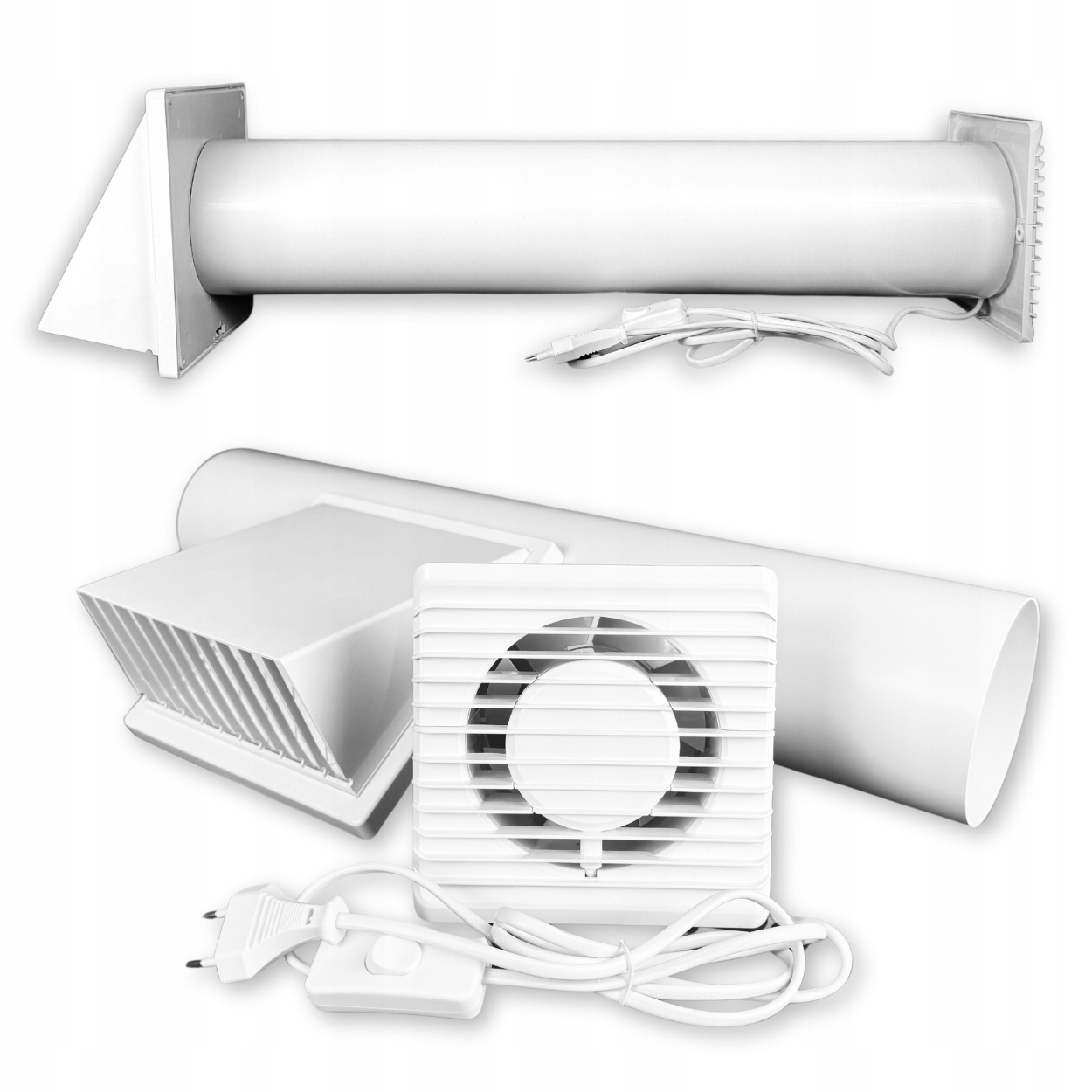Ventilační sada pro odvětrání ventilátoru přes zeď 100 mm Kabel Vypínač