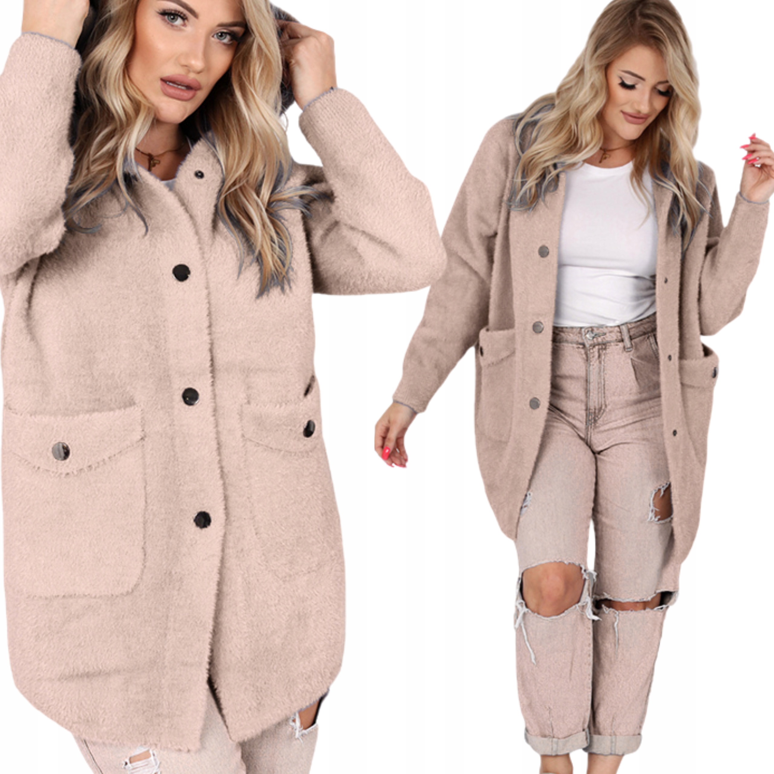 Płaszcz Sweter Kaptur Alpaka Ciepła Modny Kobieca Długa Beż 2180