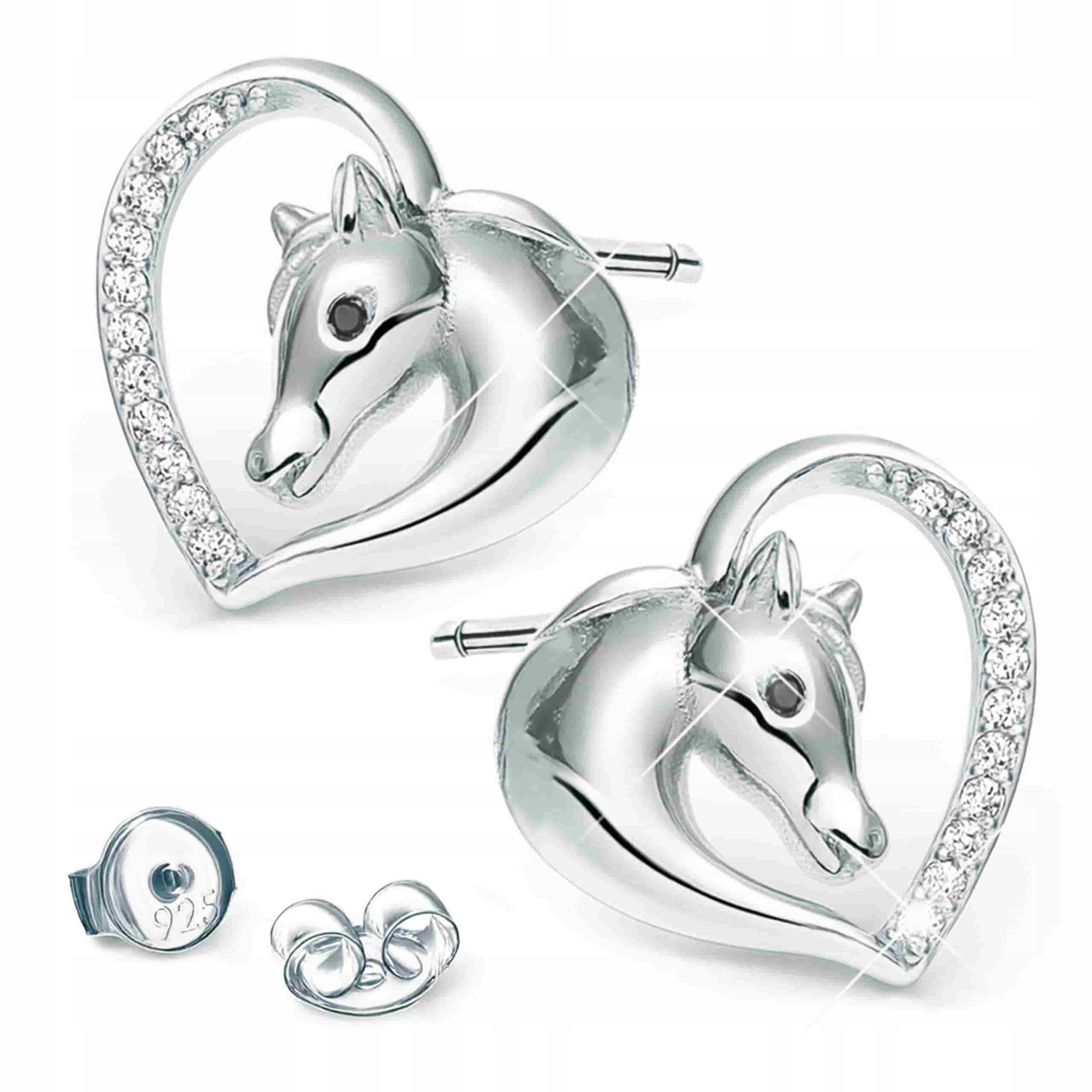 Kolczyki Srebrne Serca z Koniami Serduszka Konie z Cyrkoniami Srebro 925