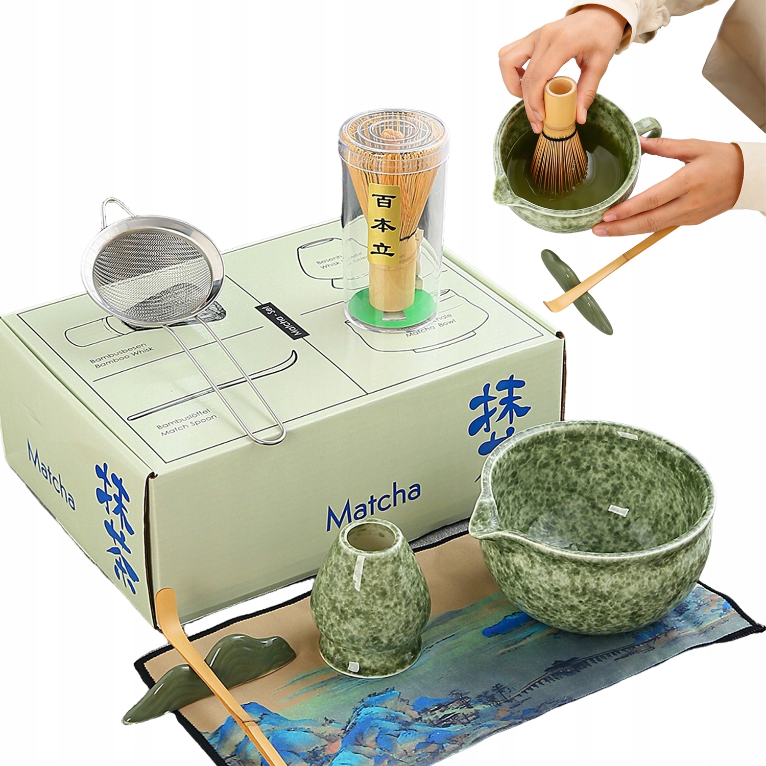 7V1 Dárková sada na čaj matcha šálek metla bambusoey zelená