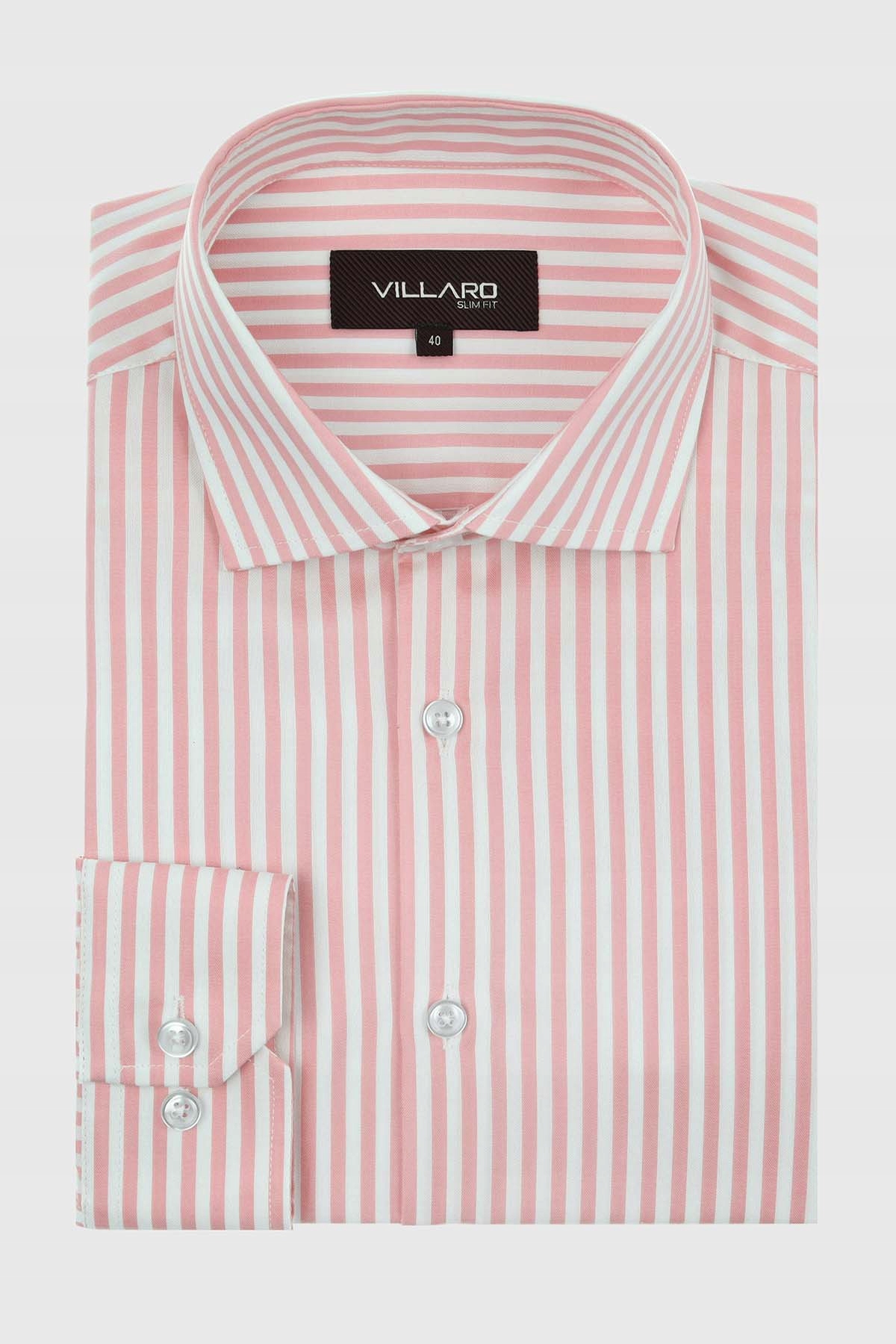 Růžová pánská bavlněná košile s proužky 41-176/182 Slim Fit Villaro