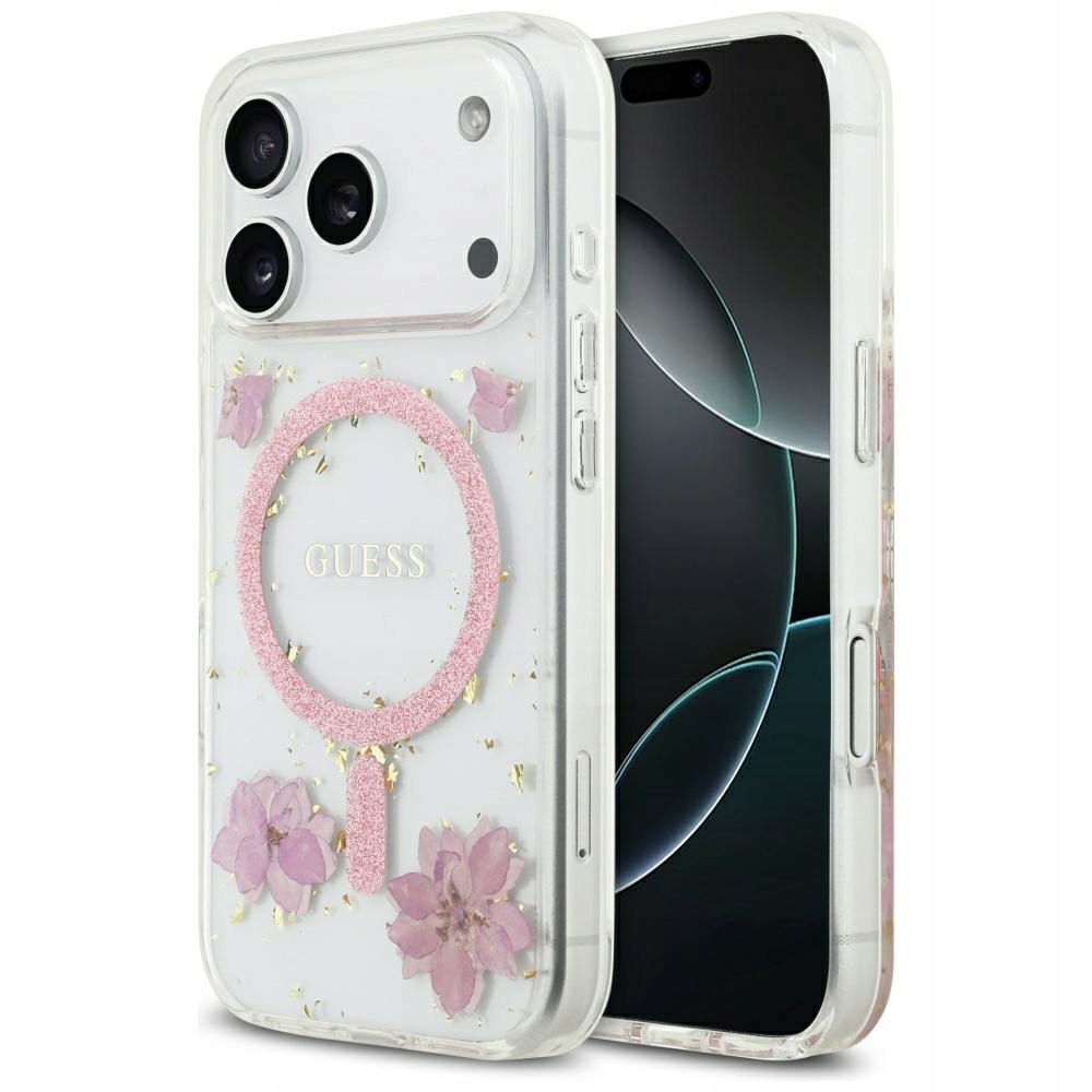 Pouzdro Guess Resin Flowers Glitter MagSafe pro iPhone 17 Pro, růžové