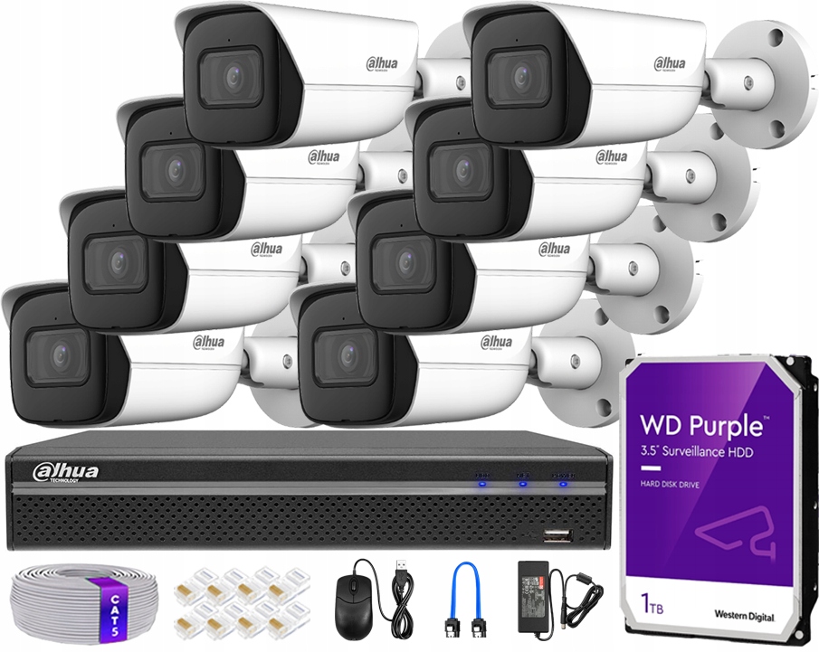 Ip monitorování Komplet 8 kamer 8Mpx Dahua Záznamník 8 kanálů PoE Hdd 1TB