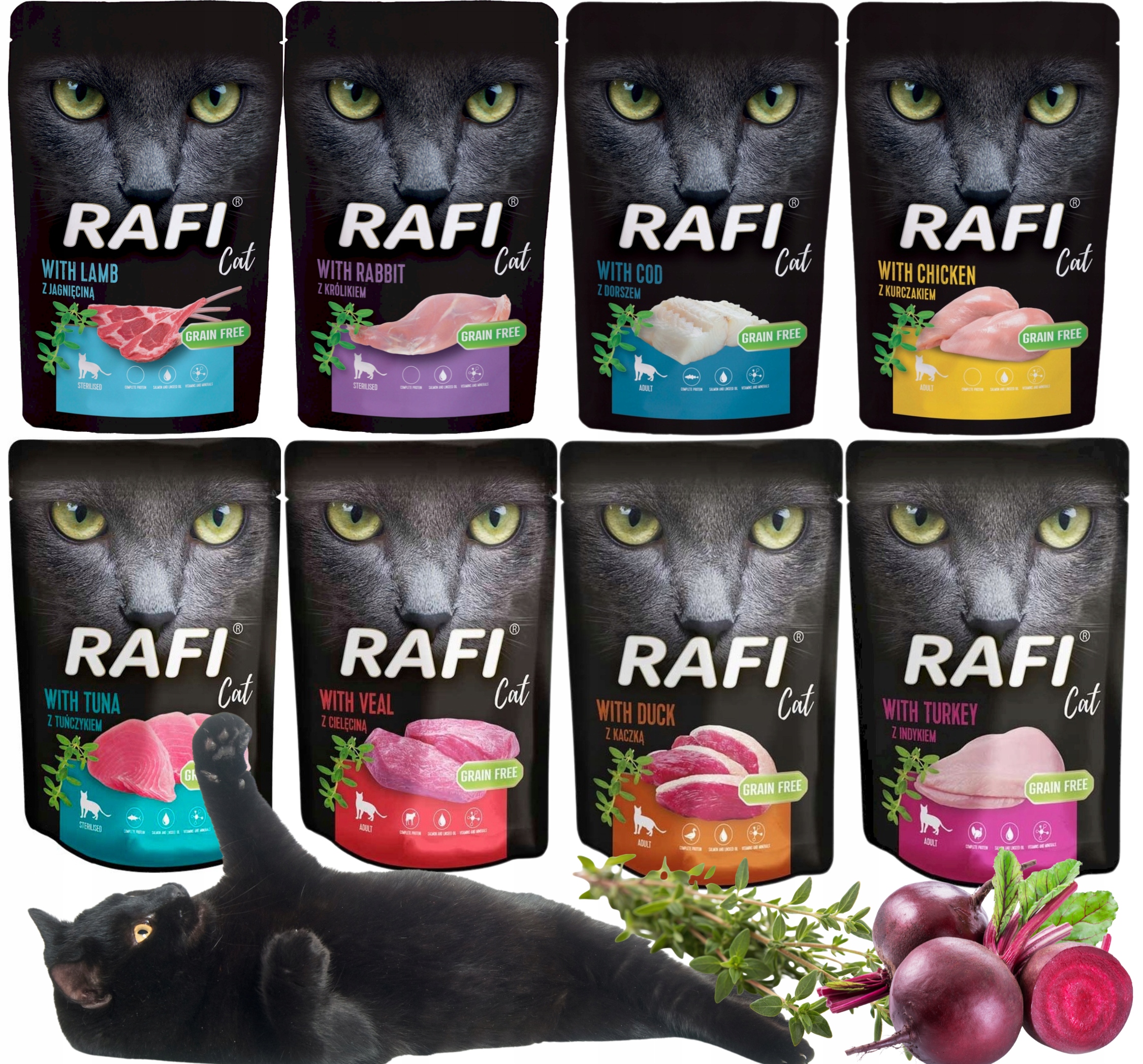 Levně Krmivo Krmivo Pro Kočky Rafi MIX 8 Příchutí 40x 100G Kapsicky Sada Bez Obilovin Adult