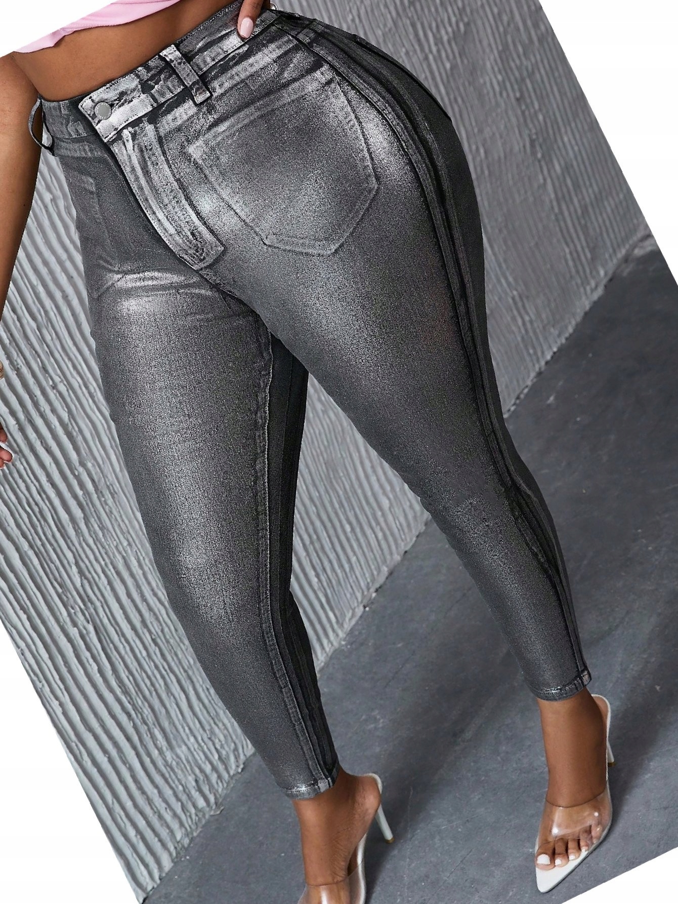 Džíny Úzké Nohavice Lesklé Stříbrné Slim Fit Párty 3XL 46