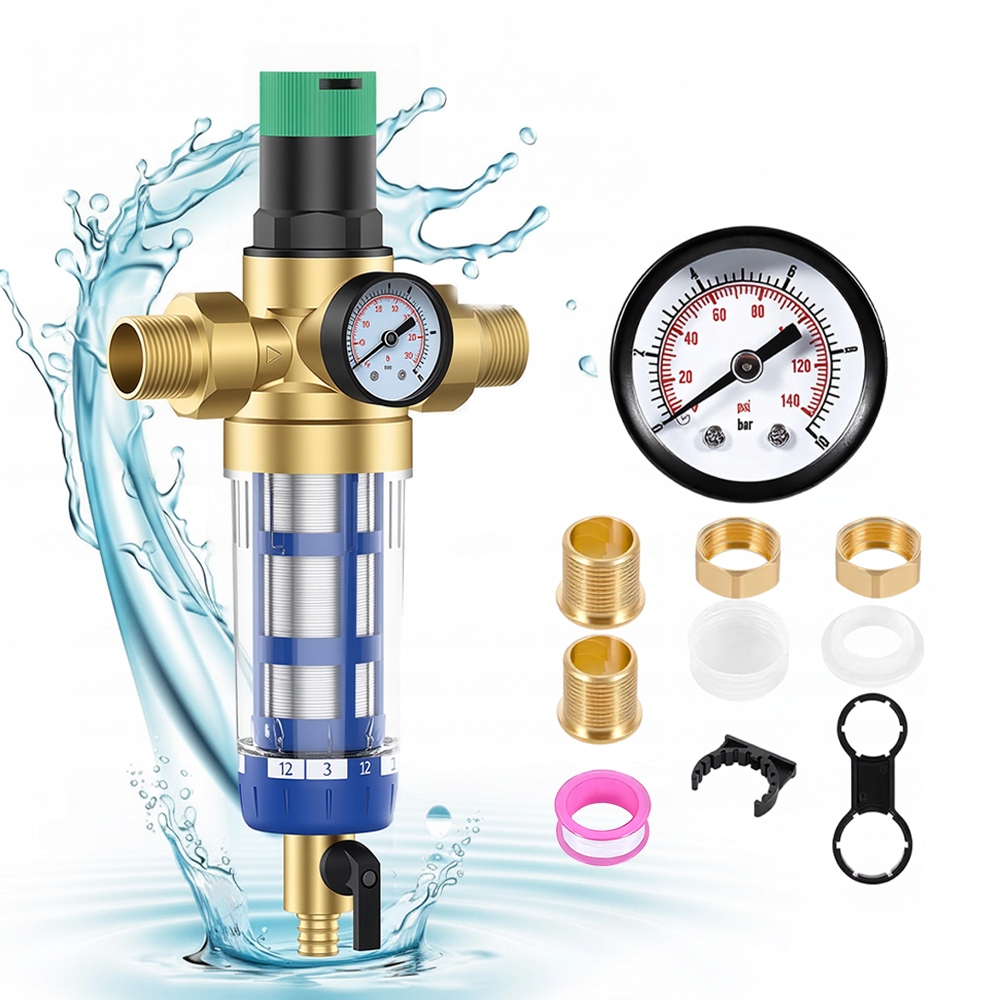 Reduktor Ciśnienia Wody 1" DN20 Samoczyszczący z Filtrem i Manometrem 3/4"