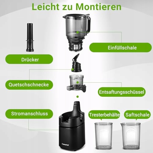 AMZCHEF Wolnoobrotowy Wyciskarka 250W 135MM Do Warzyw i Owoców 1,8L Czarna — miniatura 8