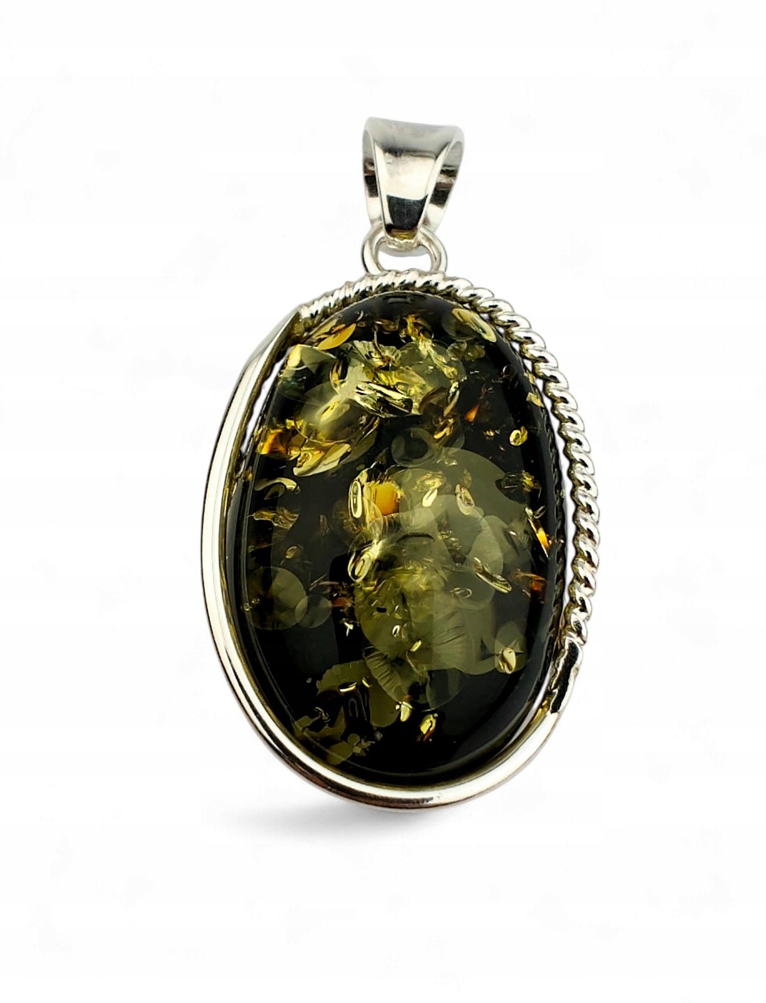 Přívěsek Zelený Baltský Jantar Stříbro Oválný