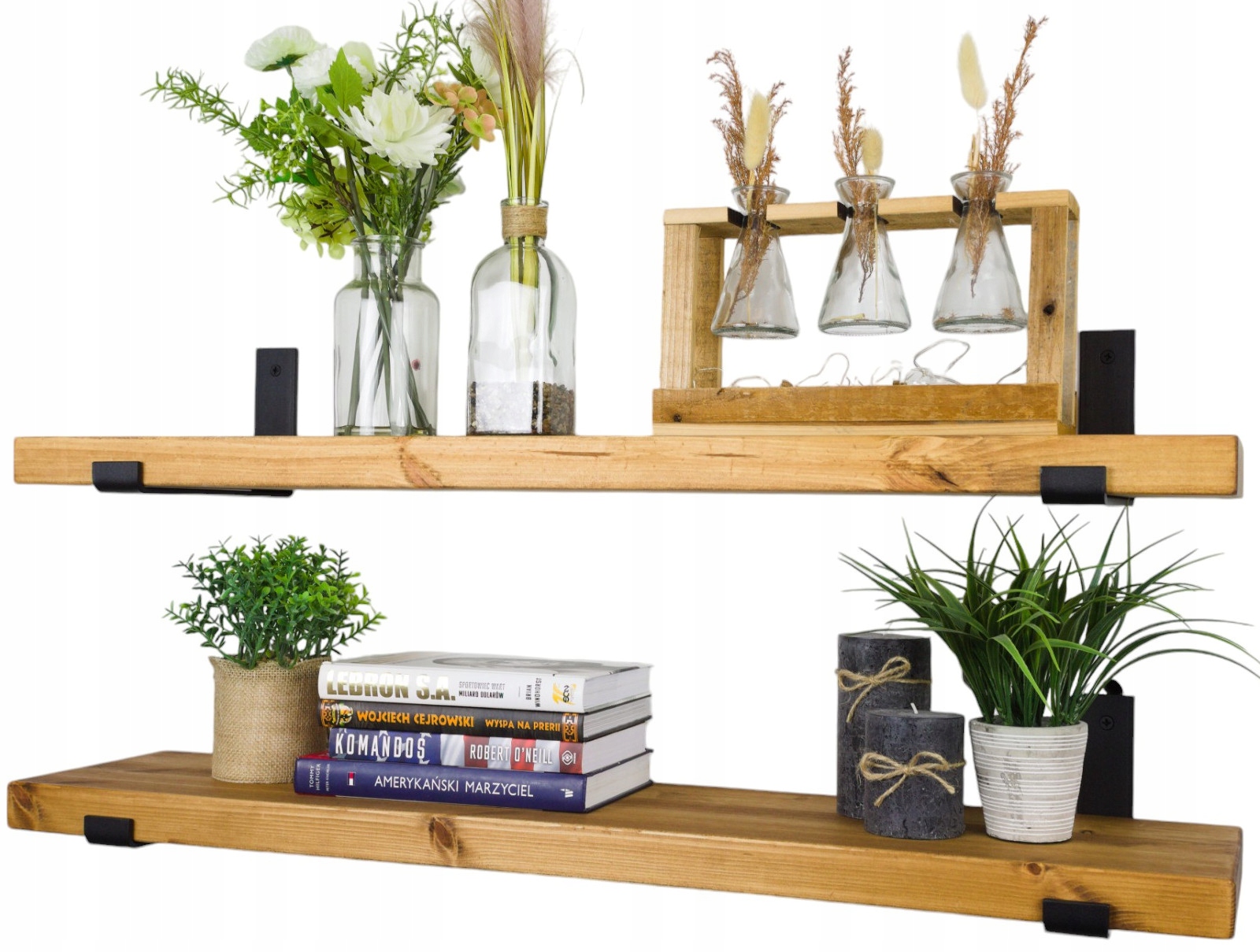 Závesná nástenná polica Loft masívne drevo na kvety do obývačky 120 cm x 30 cm