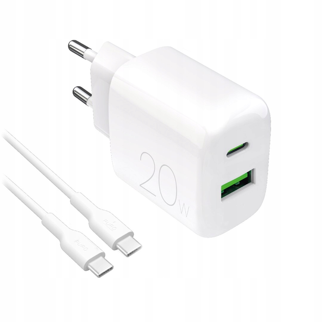 Ładowarka sieciowa Usb-a Usb-c 20W z kablem Usb-c 1.2m biała Puro