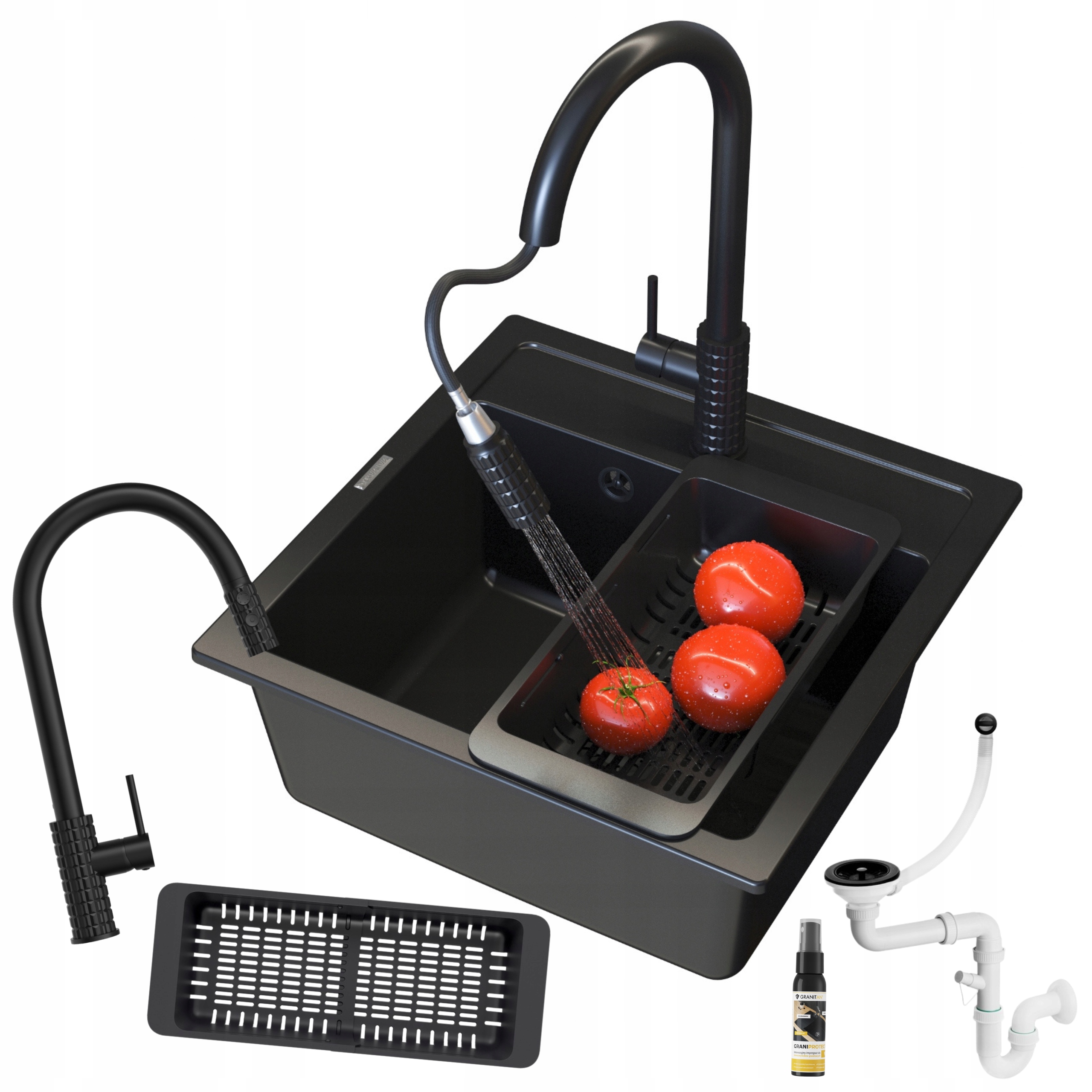 Dřez Černý Malmo granitový Sada Dřez baterie Snake Pro černá syf