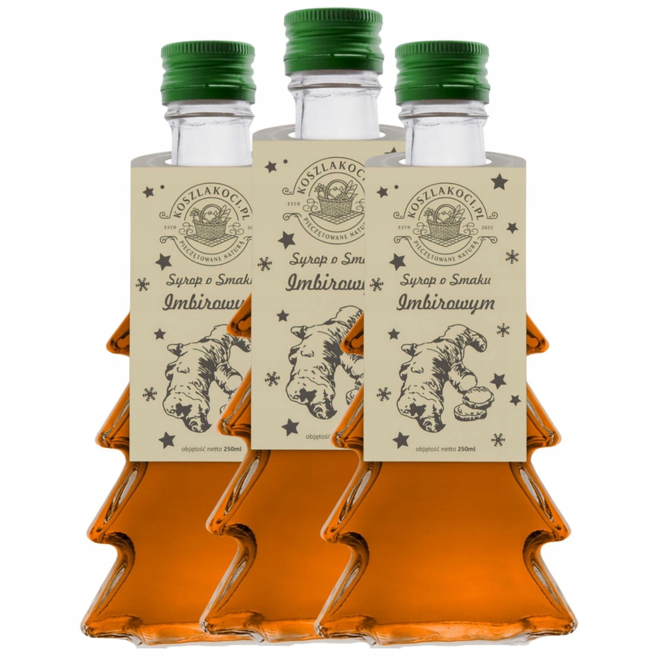 Ozdobna Choinka Ze Szkła 250 ML Z Aromatycznym Syropem O Smaku Imbiru x10