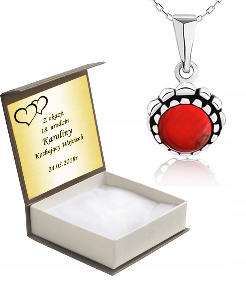 

Wisiorek Srebrny Z Koralem I Łańcuszkiem + Grawer