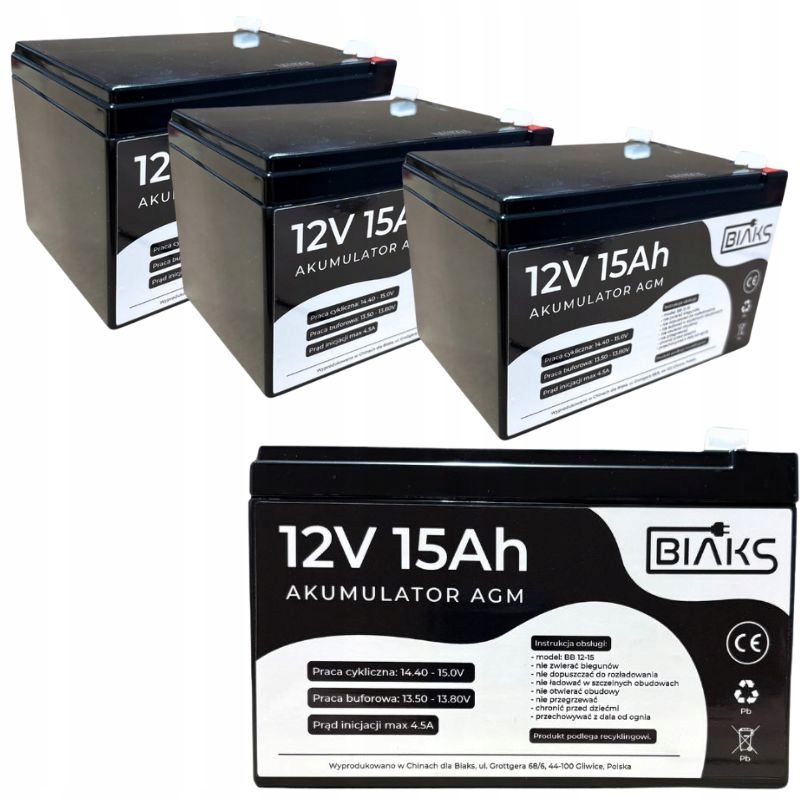 3x Akumulátor Agm 12V 15Ah Biaks (rozměr 10Ah 12Ah 14Ah) pro solární Cctv Ups