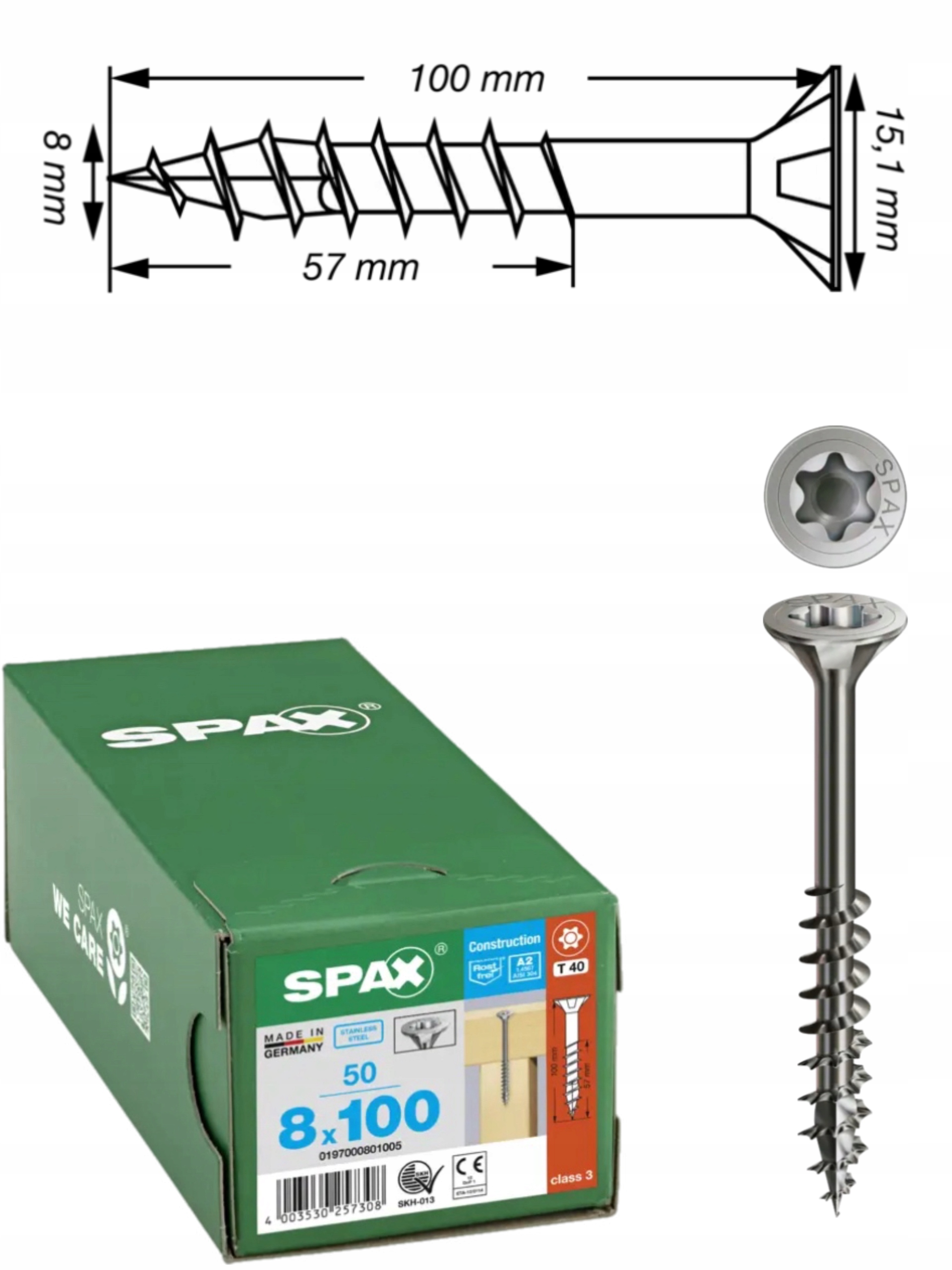 Univerzální vrut do dřeva spax z nerezové ocel 8 x 100 A2 Tx 50 ks