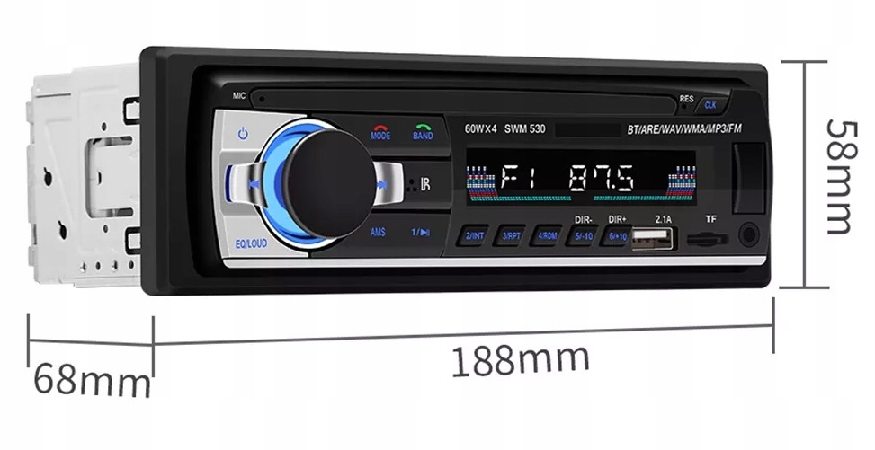 RADIO 1DIN BLUETOOTH USB 2.1A SD AUX MP3