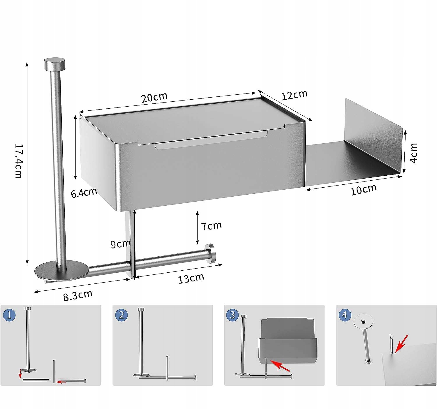 UCHWYT NA PAPIER TOALETOWY BEZ WIERCENIA STALOWY SAMOPRZYLEPNA SREBRNY Kolor odcienie szarości i srebra
