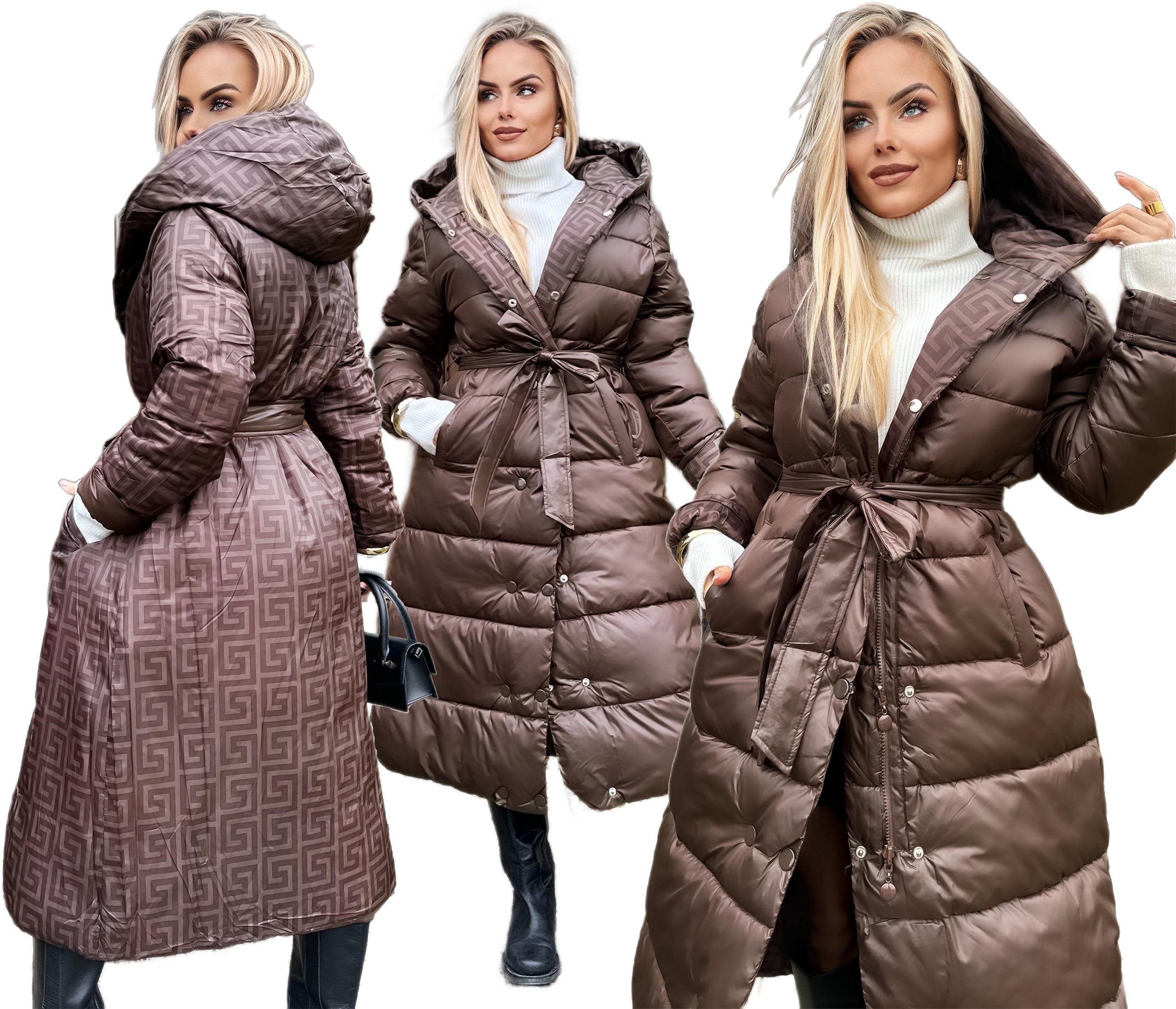 Čokoládová, oboustranná, teplá zimní dlouhá dámská prošívaná bunda 54 Hilda